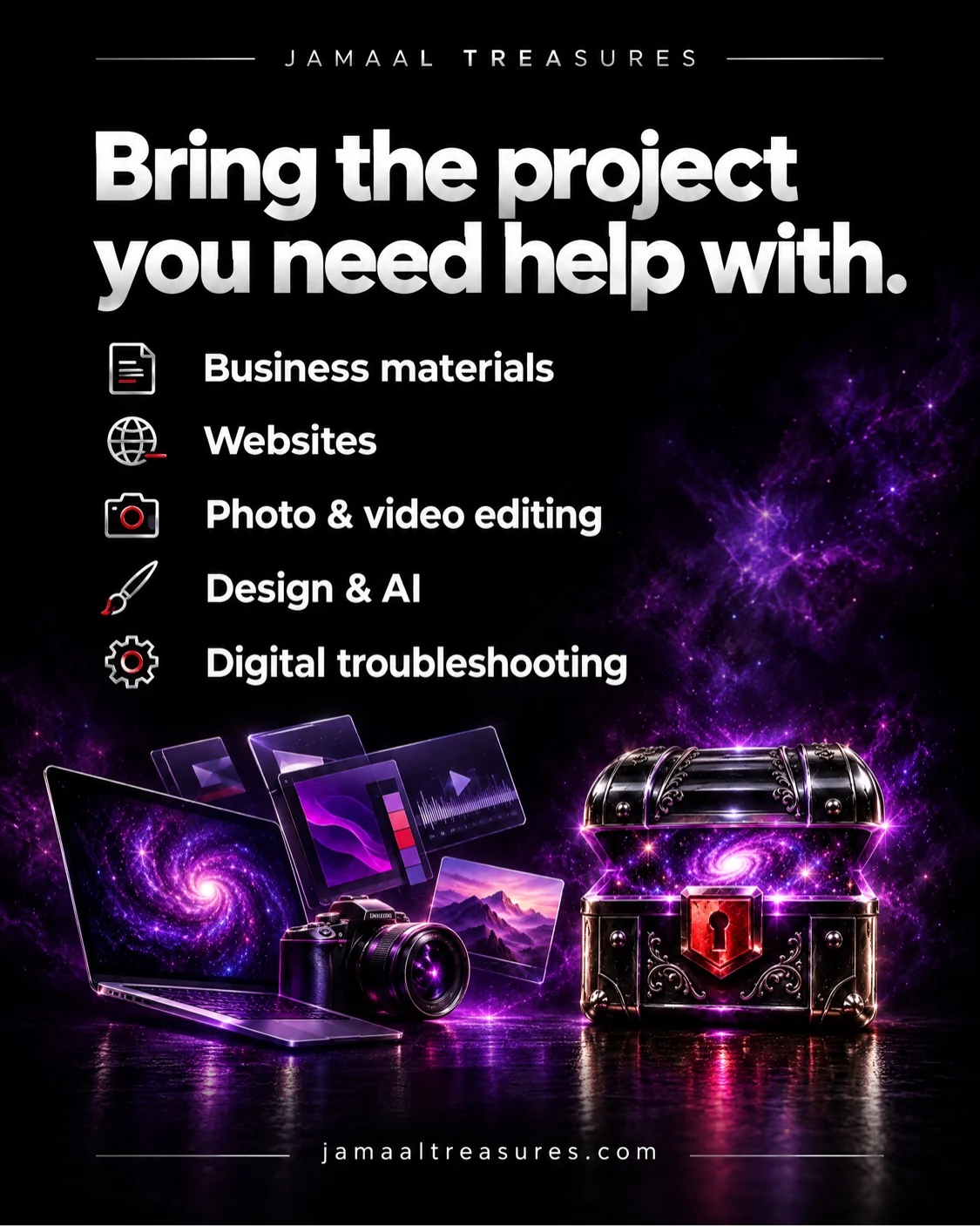 Bring the project you need help with: business materials, websites, photo and video editing, design and AI, digital troubleshooting.