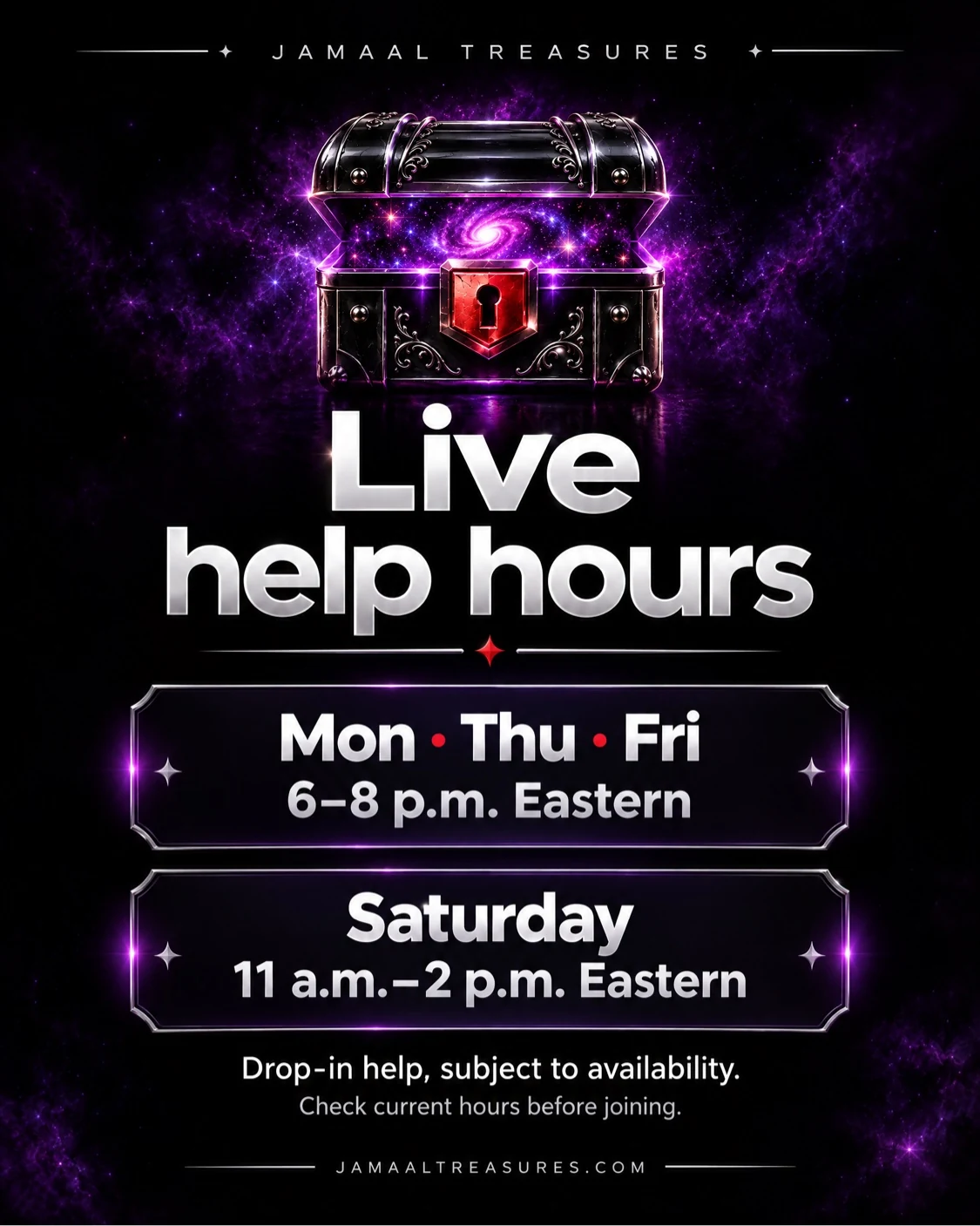 Live help hours: Monday, Thursday and Friday 6 to 8 p.m. Eastern, Saturday 11 a.m. to 2 p.m. Eastern.