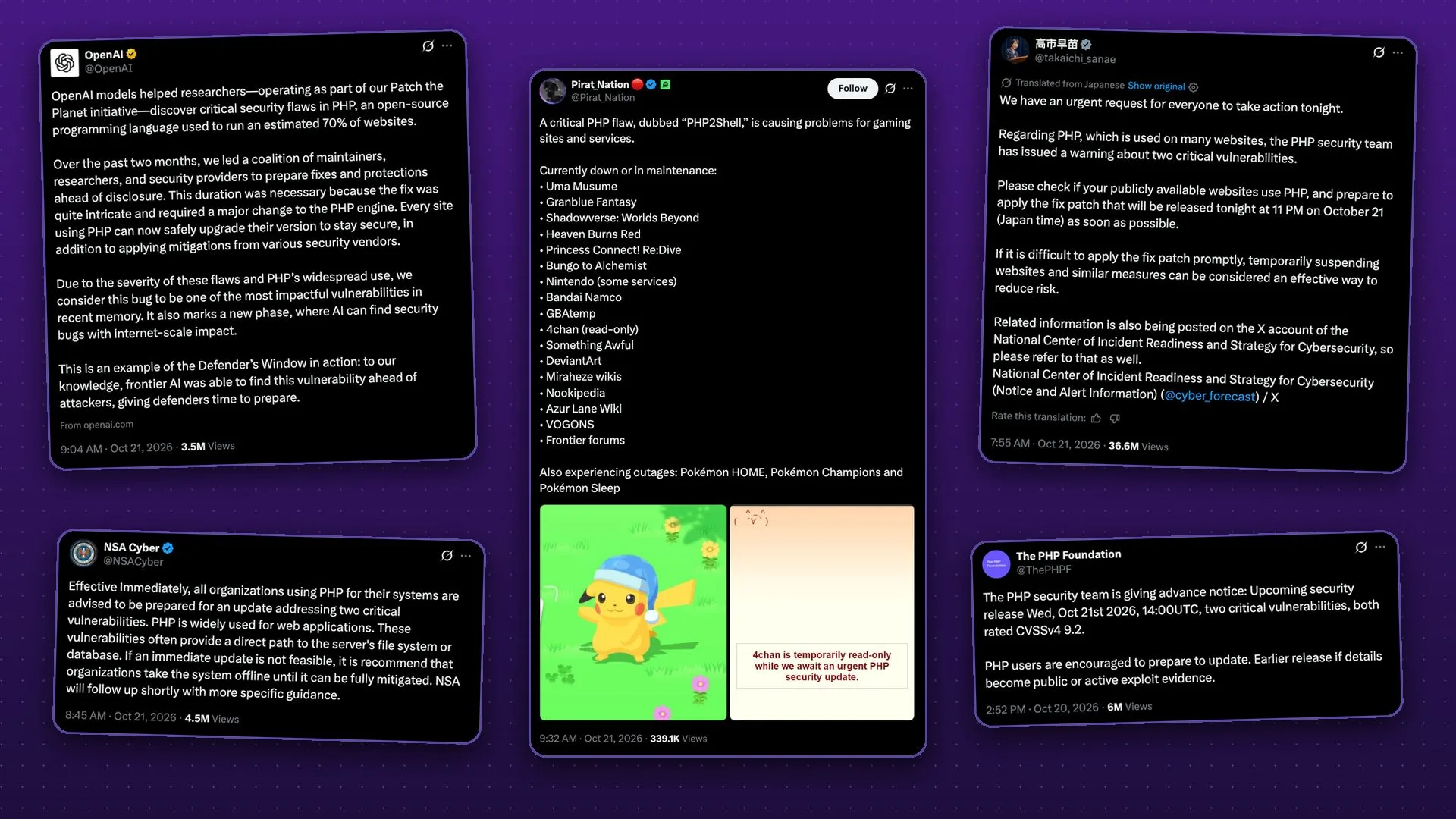 A collage of public posts from OpenAI, NSA Cyber, and The PHP Foundation warning about two critical PHP vulnerabilities rated CVSS 9.2, with a list of gaming and community sites taken down or put in maintenance