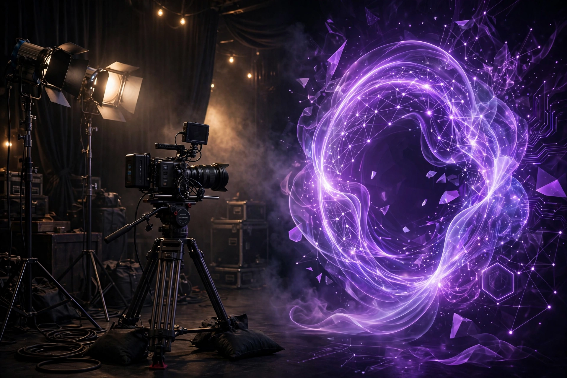 Split image: dark film set on left, glowing purple AI portal on right