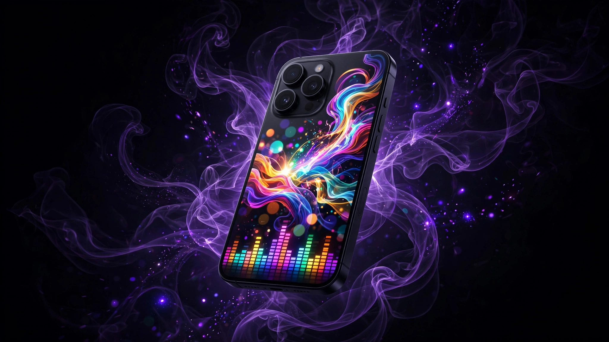 Smartphone displaying a vibrant music video surrounded by purple energy