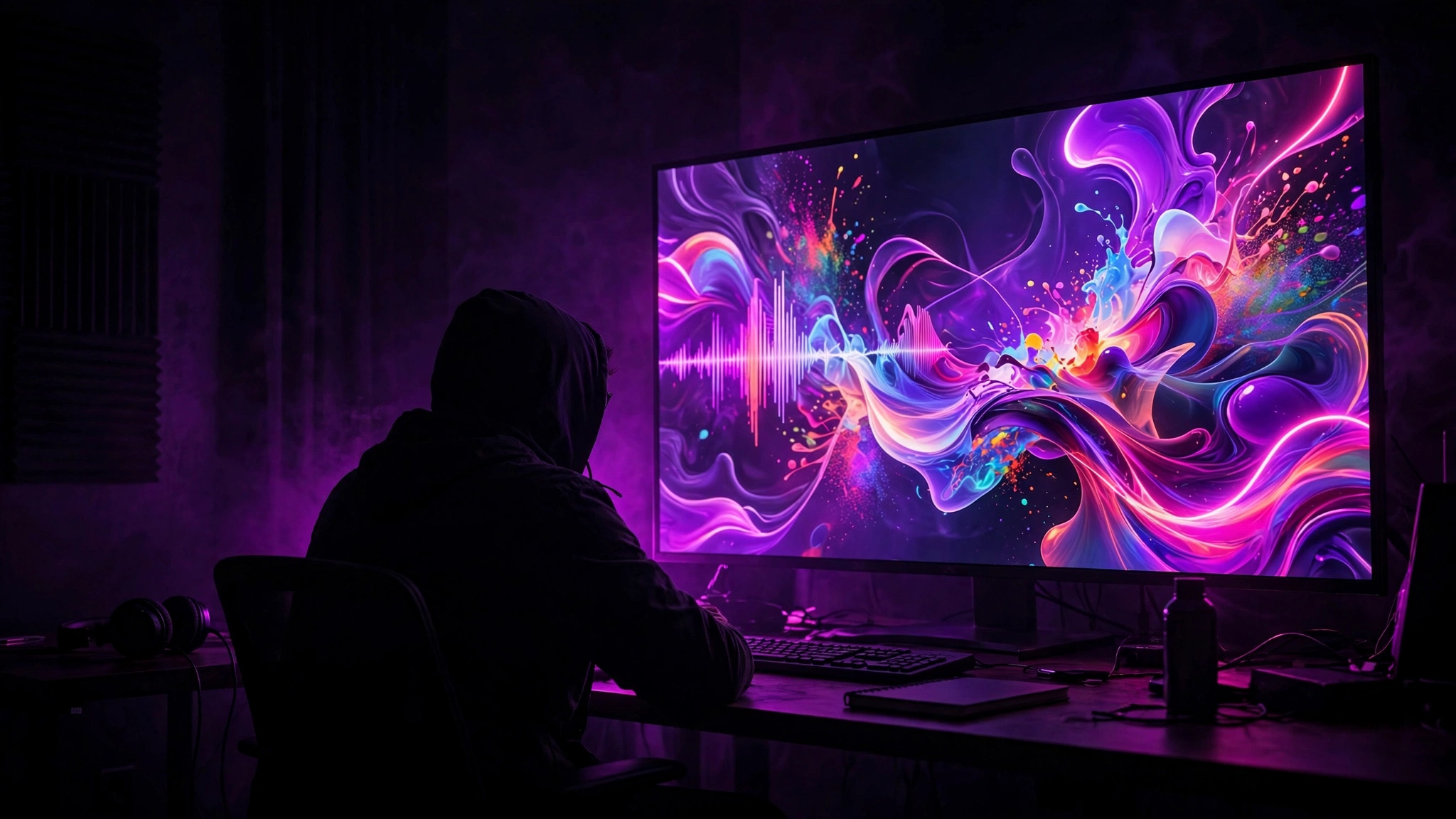 Artist watching AI generated music visuals on a large monitor