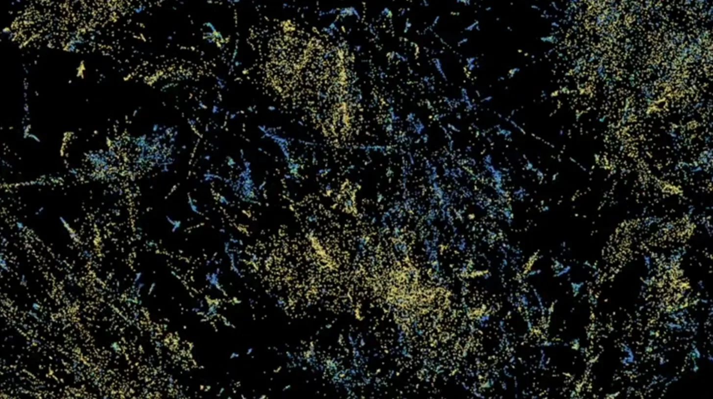 A data visualization of thousands of mapped cells glowing blue and gold against a black background