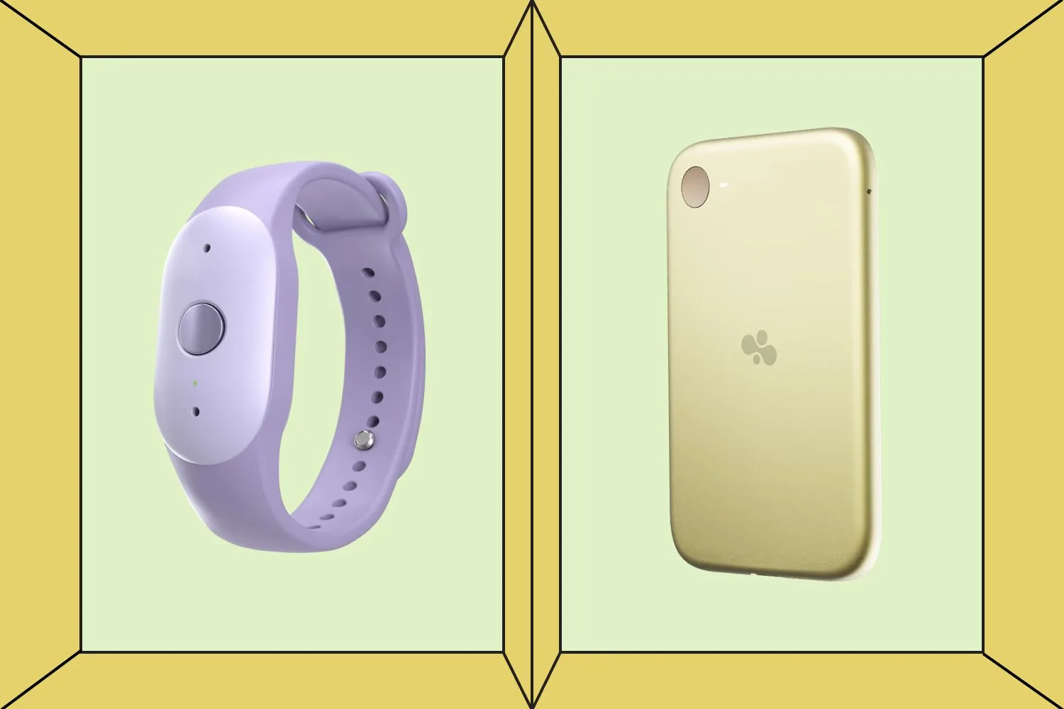The purple Bee Frontier wristband on the left and the gold Bee Eclipse magnetic phone attachment on the right, shown on a pale green background