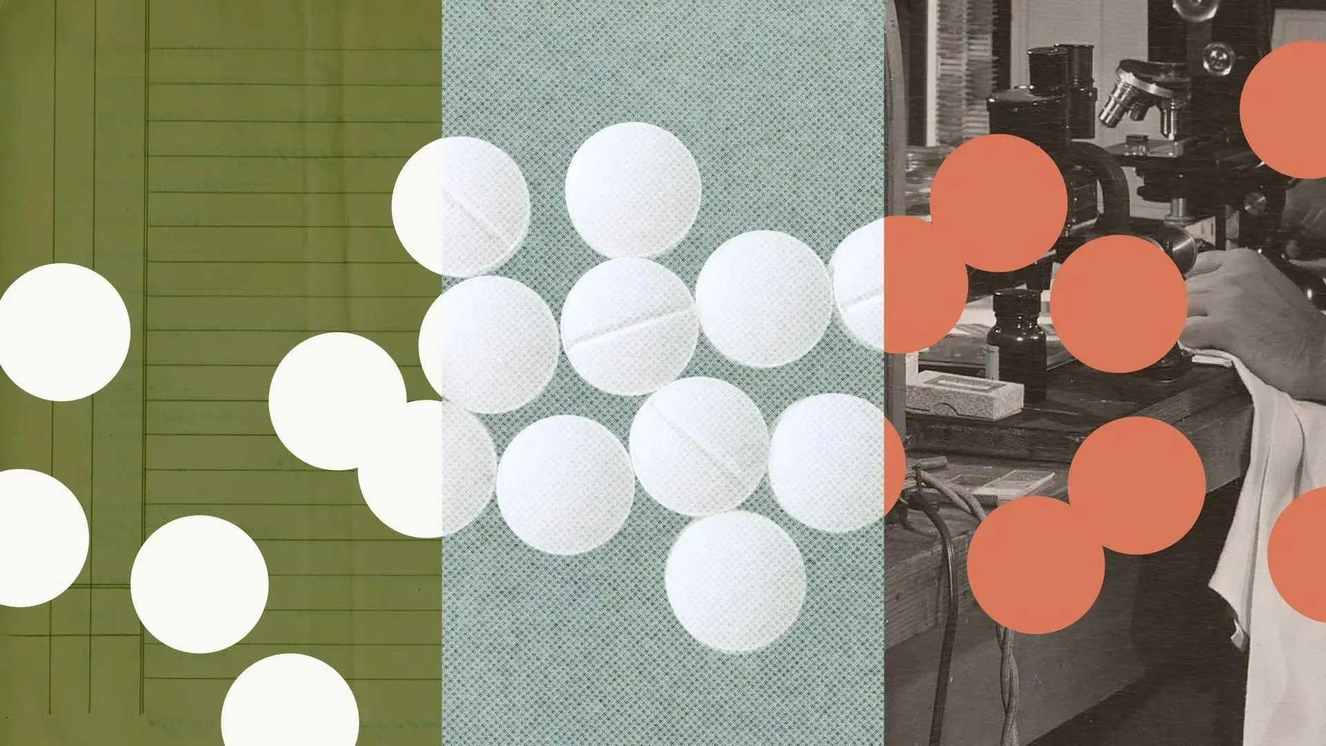 Collage of white pills and a vintage laboratory microscope for the Anthropic drug discovery story