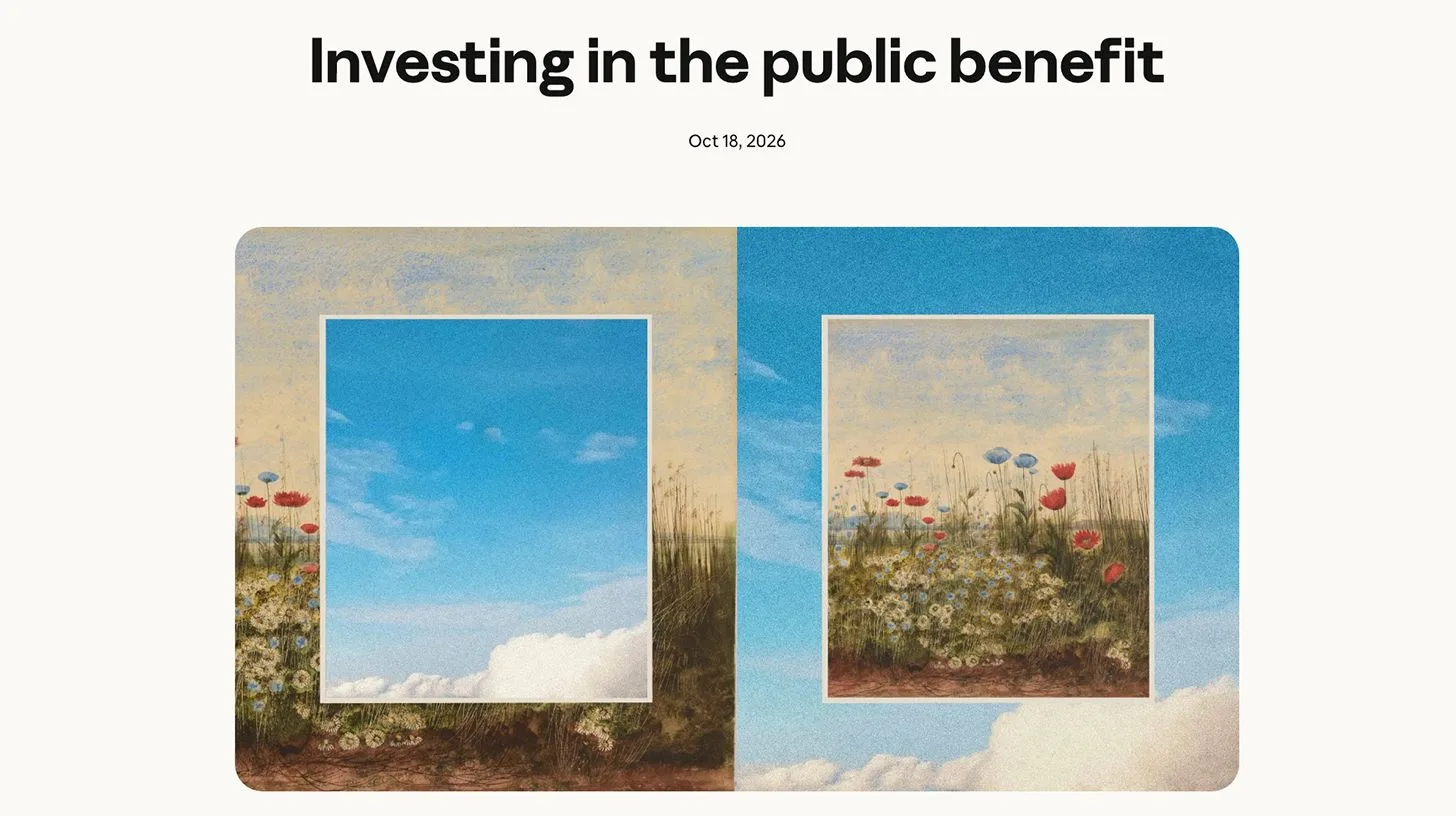 Anthropic artwork for its Investing in the public benefit announcement dated October 18, 2026, showing framed panels of blue sky and a flower meadow facing each other
