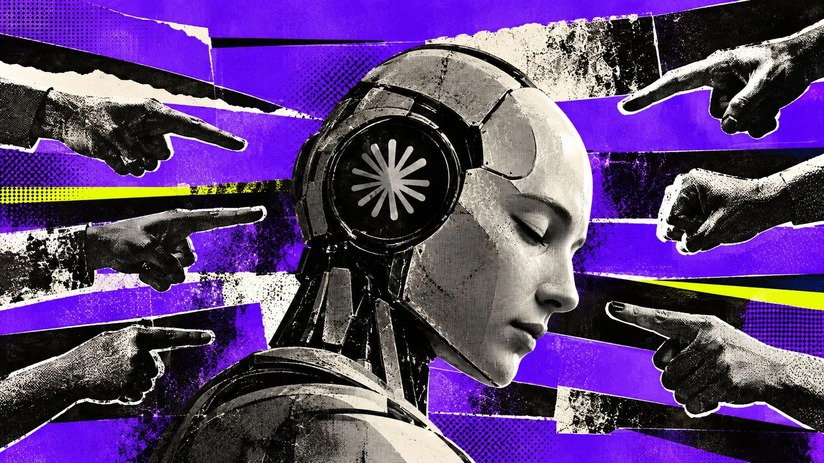 A collage illustration of a robot head with the Claude symbol on its ear, surrounded by pointing fingers on a purple background