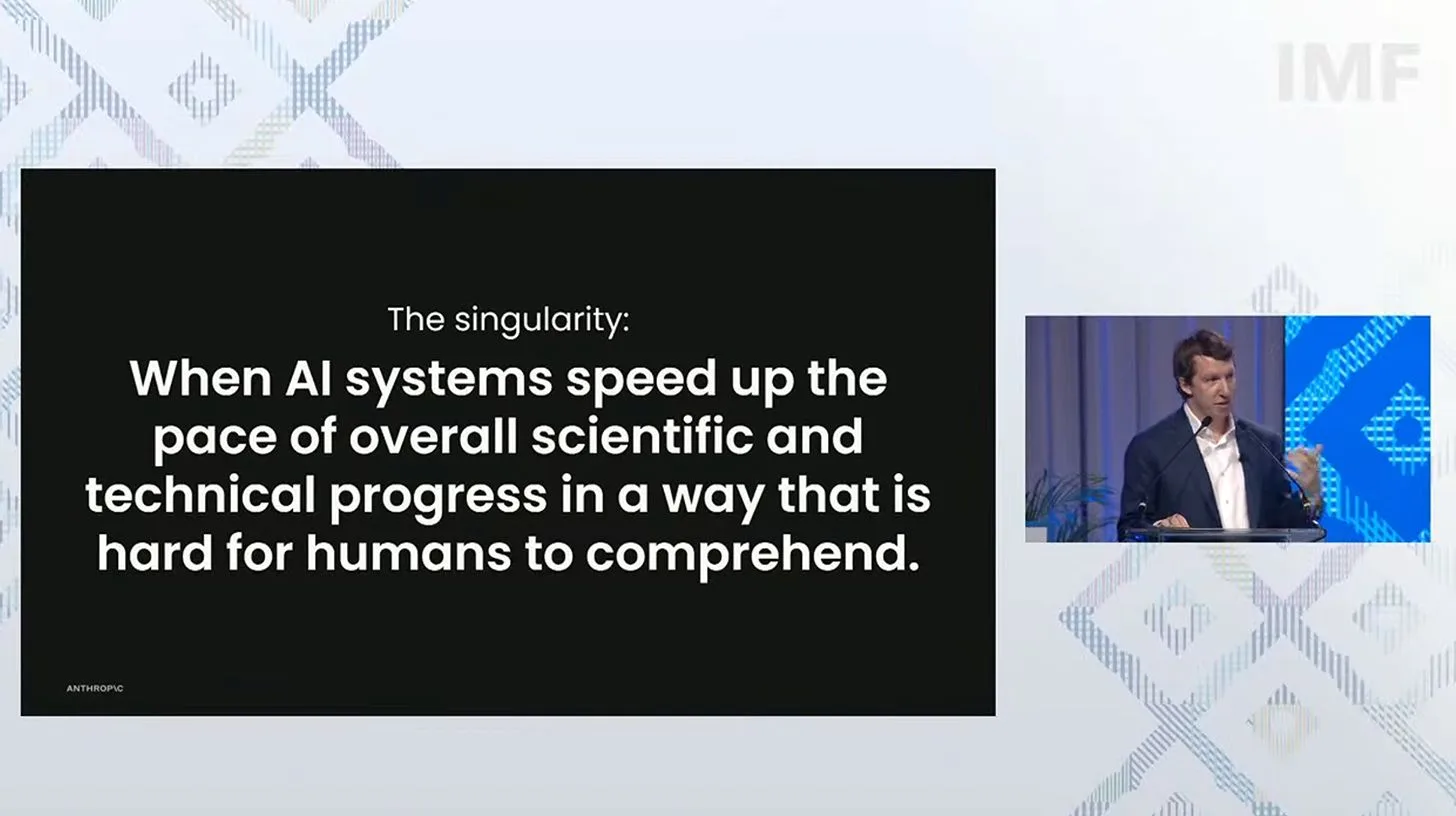An IMF presentation slide reading The singularity, when AI systems speed up the pace of overall scientific and technical progress in a way that is hard for humans to comprehend, beside Jack Clark speaking at a podium
