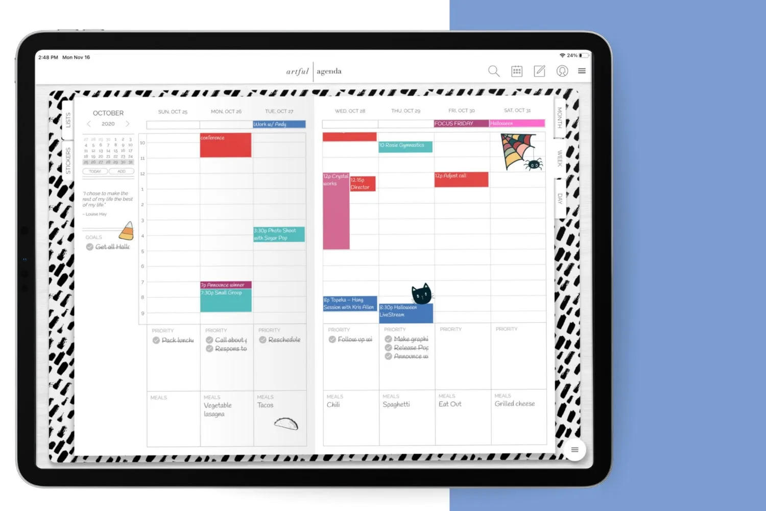 A tablet showing the Artful Agenda digital planner open to a colorful weekly calendar view with events, priorities, goals, and meal plans