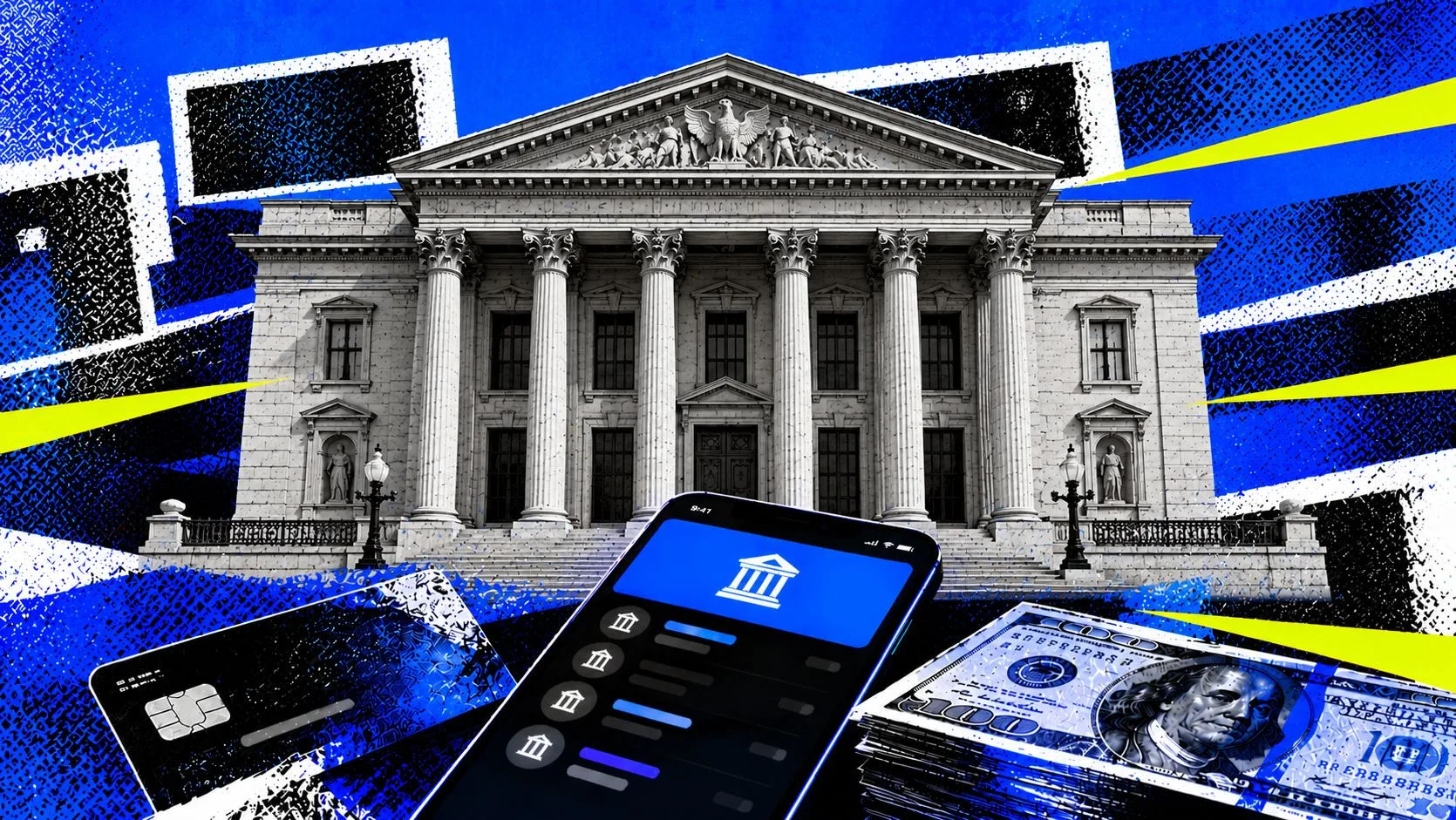 A bank building above a smartphone showing a banking app, a credit card, and a stack of hundred dollar bills, in a blue collage style