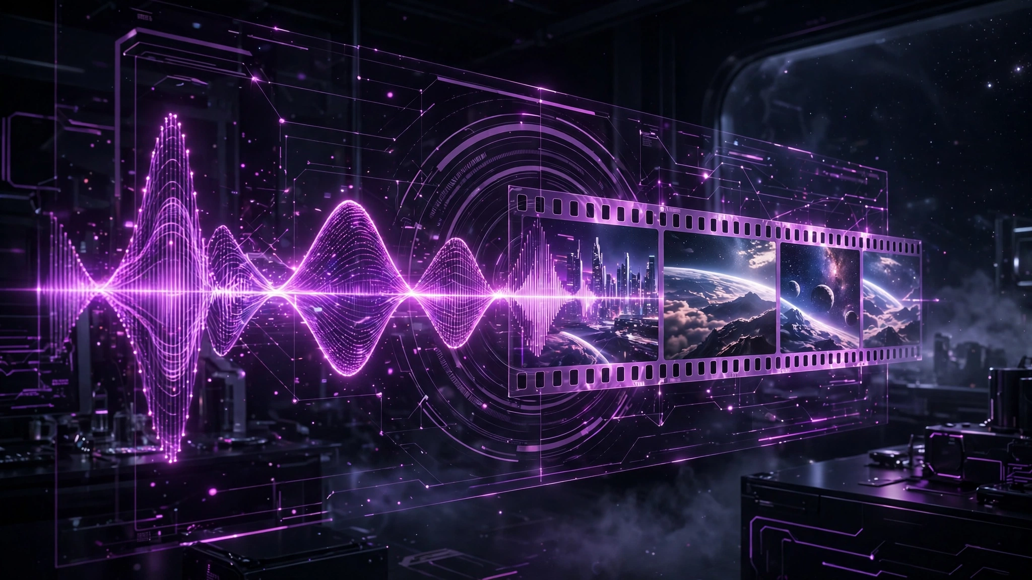 AI interface with audio waveforms transforming into cinematic visuals