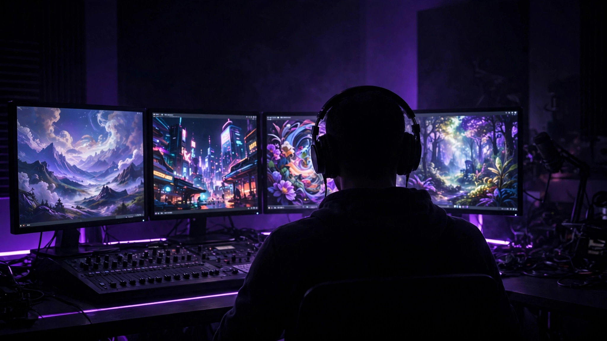 Musician with headphones viewing AI music video previews