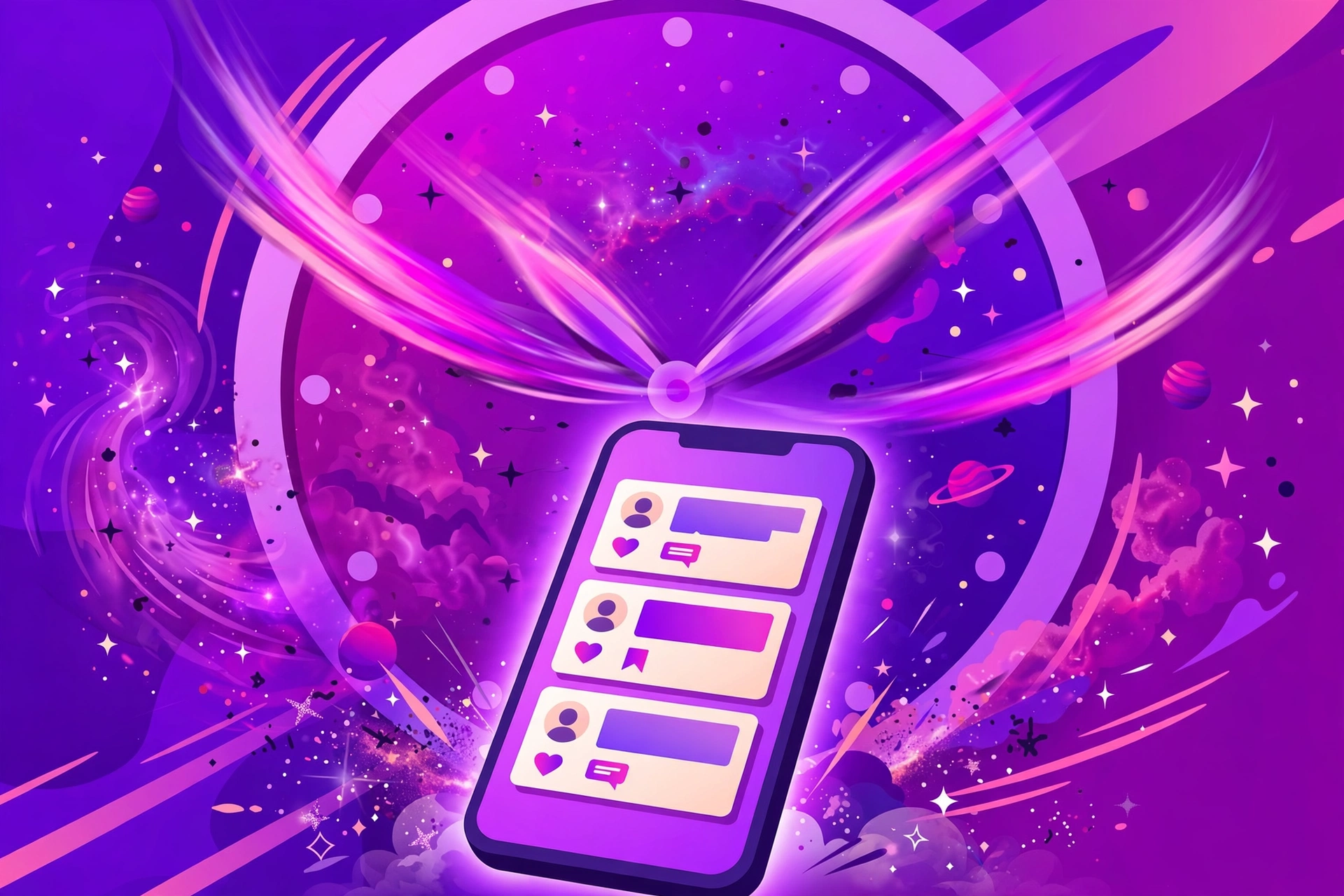 Large clock face with blurred hands in front of a glowing smartphone showing a social feed, purple and magenta accents