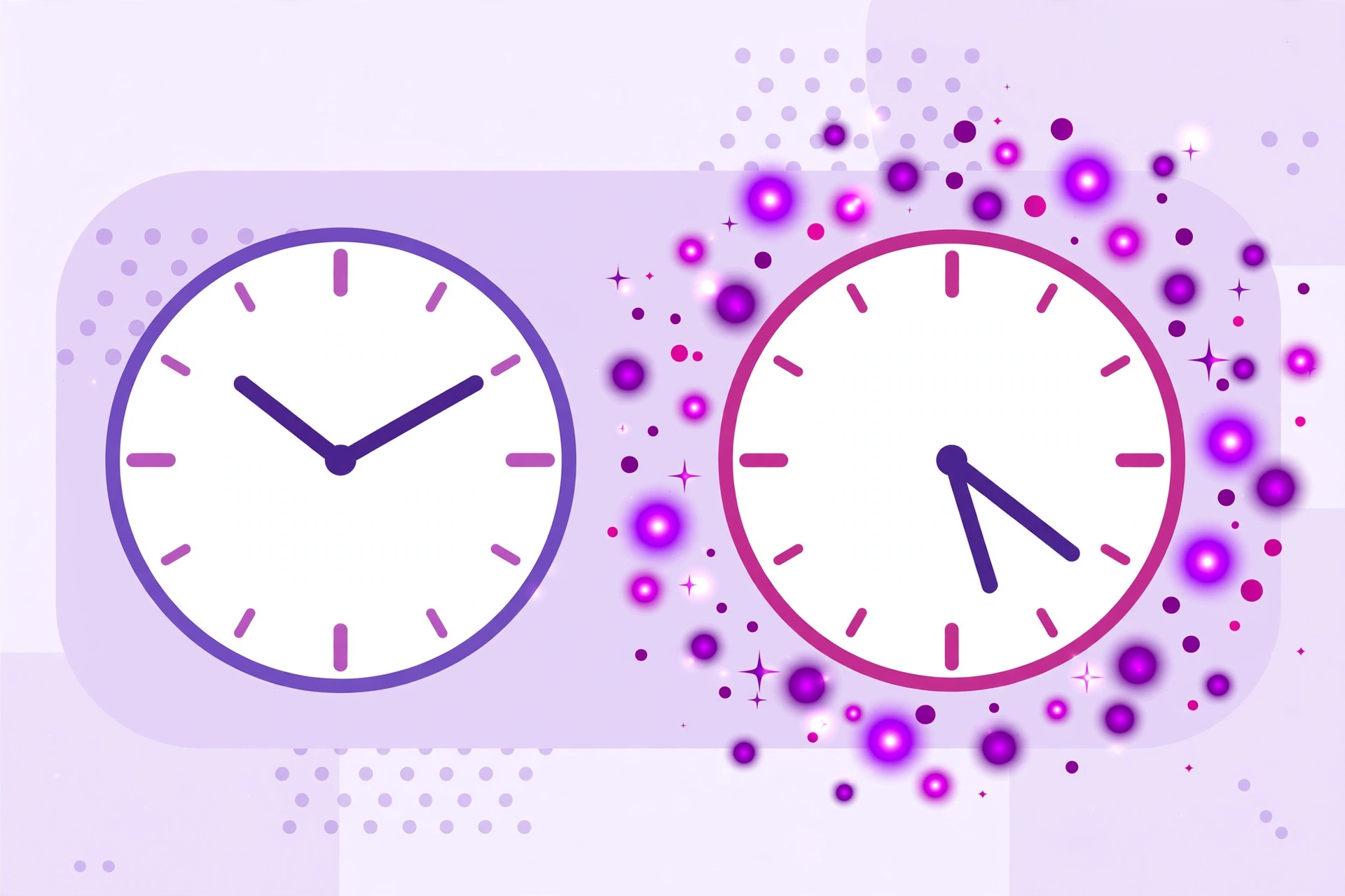 Two clocks side by side: one showing a single fixed time, the other surrounded by scattered activity dots at many hours