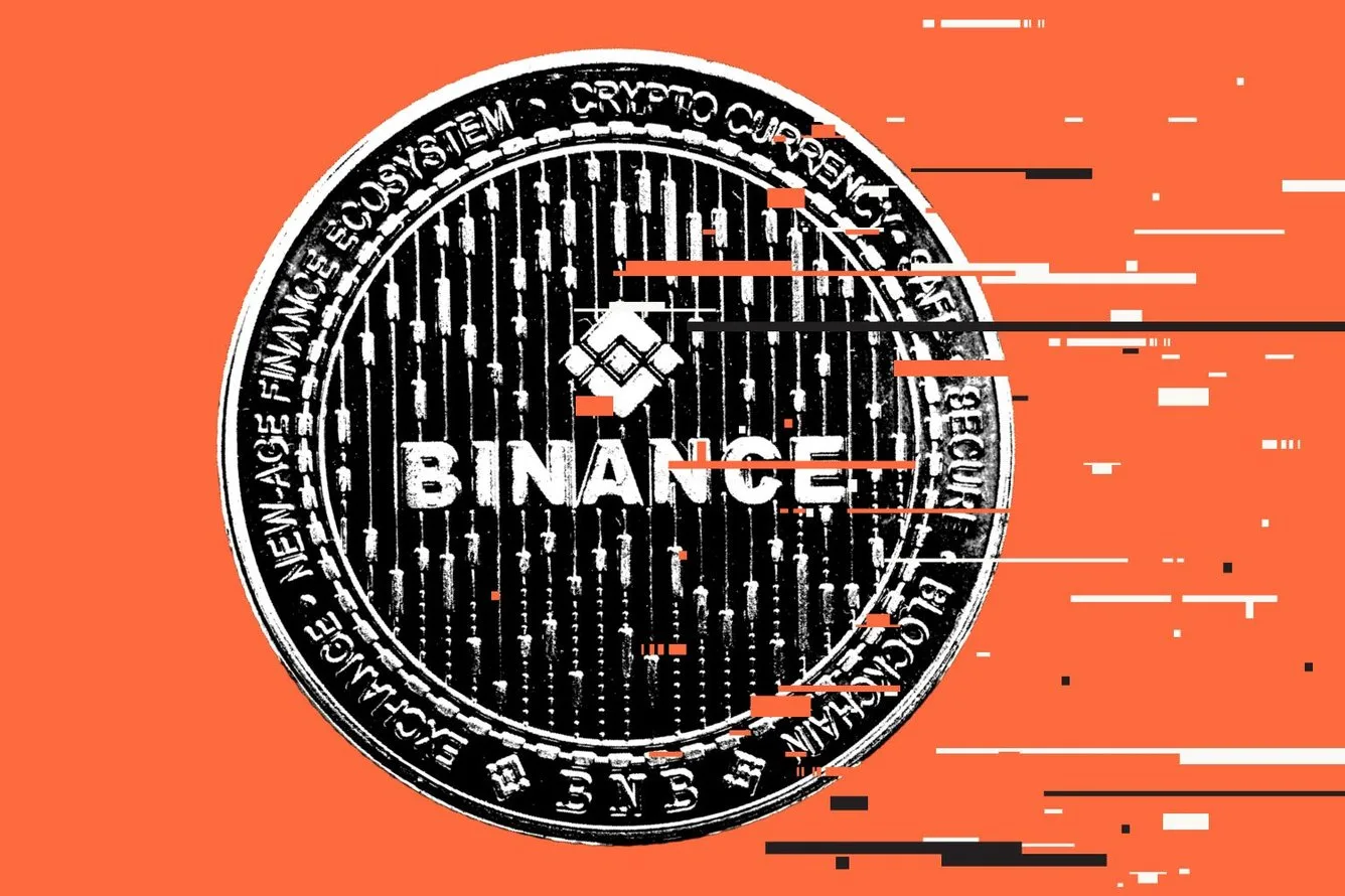 Illustration of a Binance coin with digital glitch lines tearing across it on an orange background