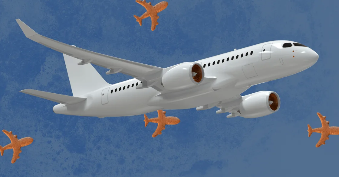 Illustration of a passenger jet surrounded by airplane shaped Biscoff cookies for The Hustle story