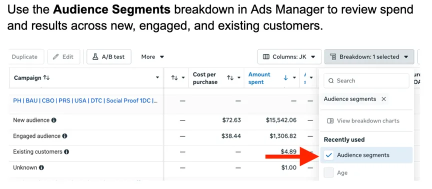 Meta Ads Manager audience segments breakdown showing new audience spend of $15,542.06 against $4.89 for existing customers