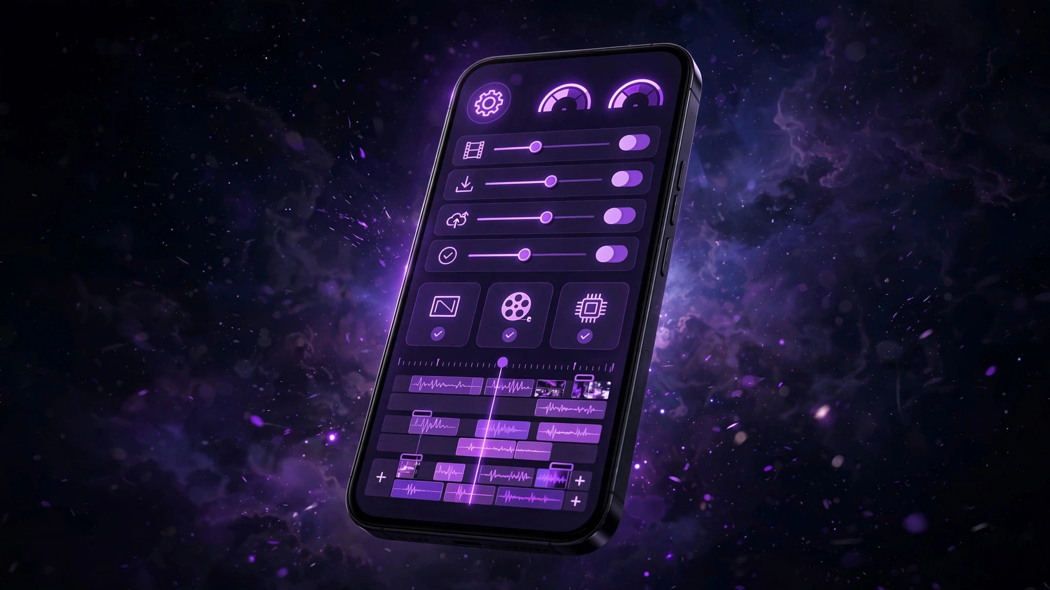 Smartphone showing video editing timeline with export settings