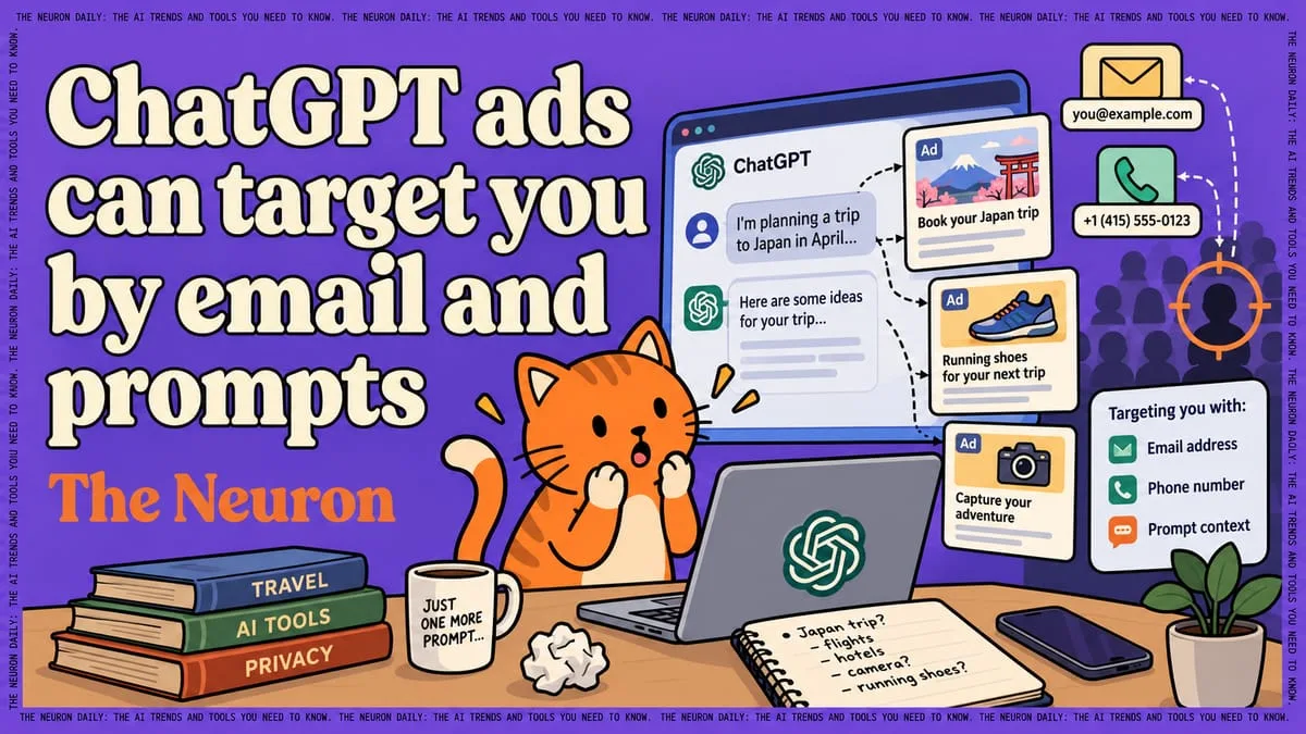 A Neuron illustration of a cat at a laptop while ChatGPT ads for travel, shoes, and a camera appear beside a chat, with email, phone, and prompt targeting listed