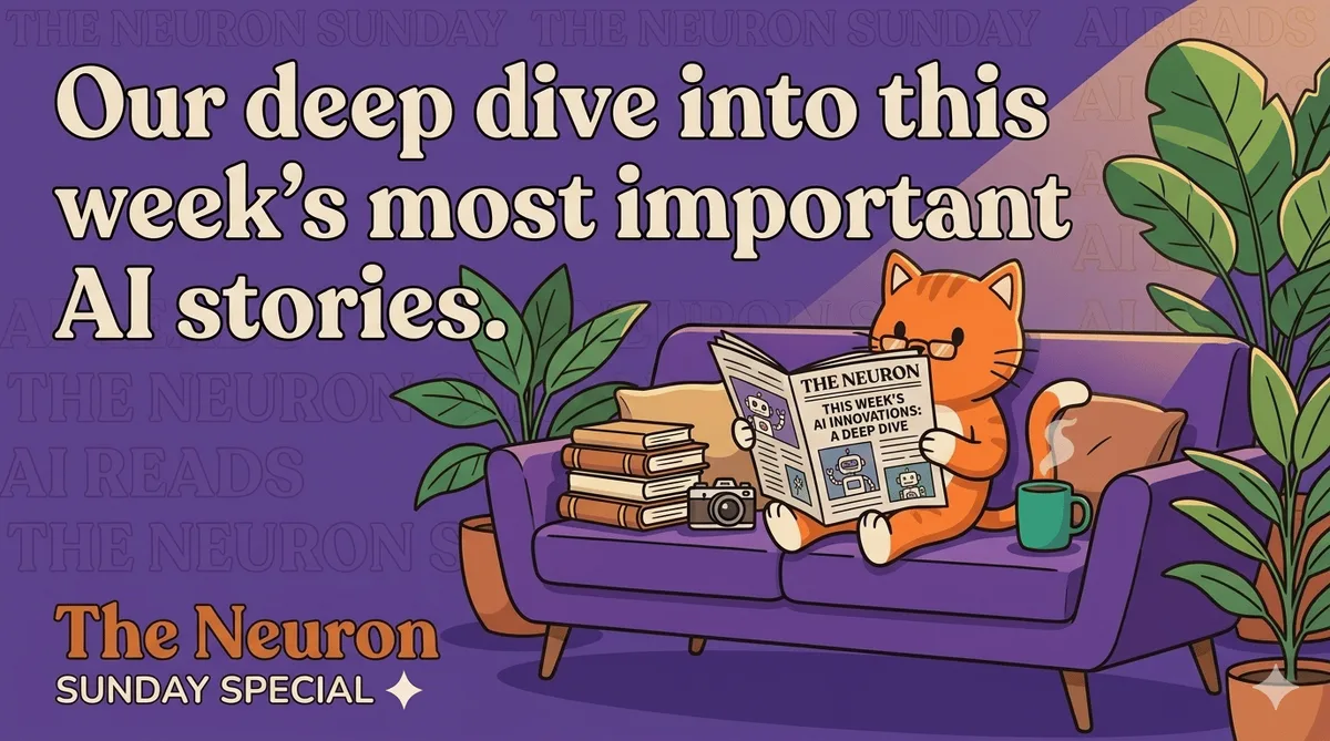 The Neuron Sunday Special illustration, a cat reading a newspaper on a purple couch