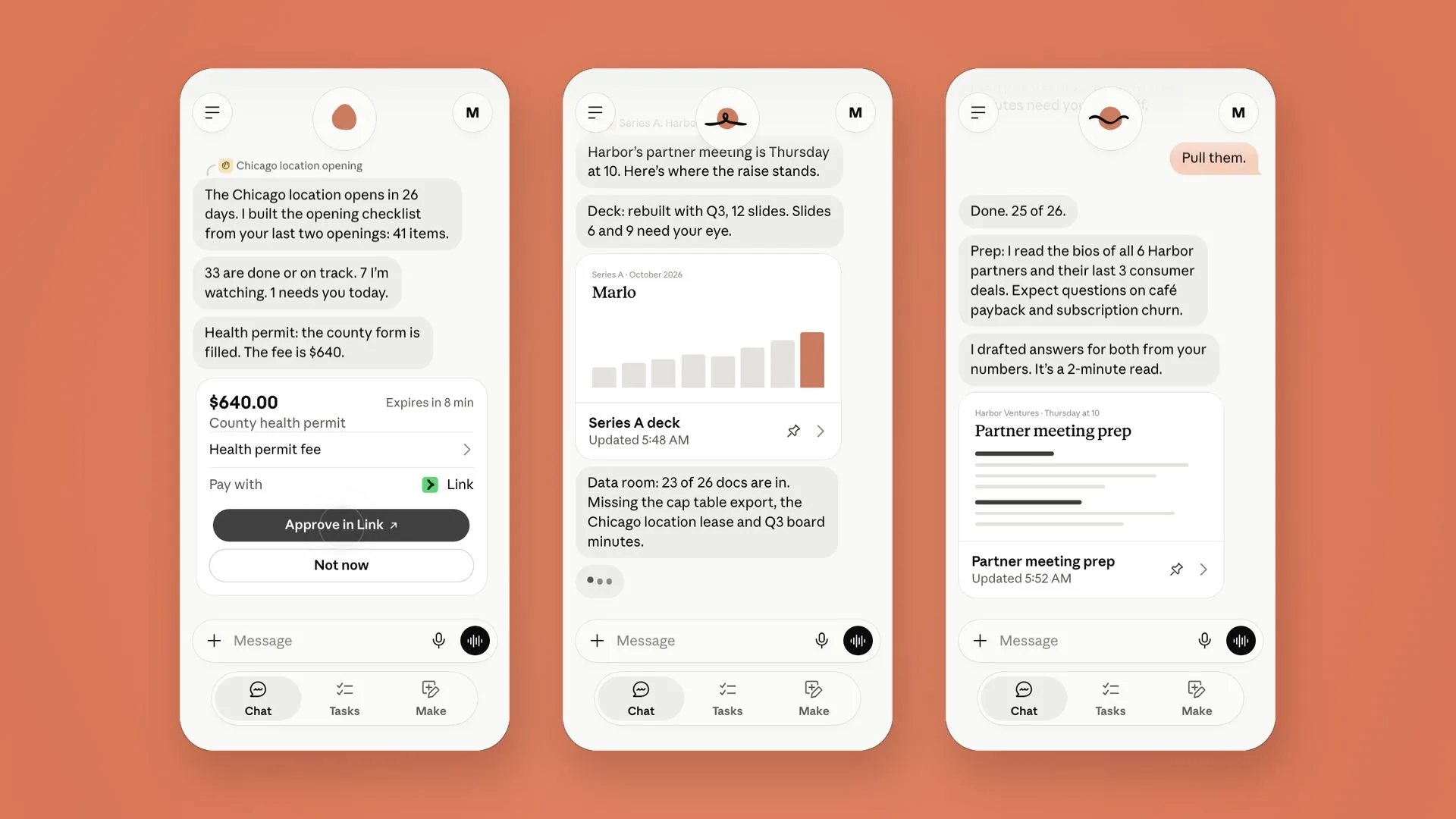 Three phone screens showing the Claude Duet app preparing a location opening checklist, rebuilding a pitch deck, and drafting partner meeting prep, with a Link payment approval card