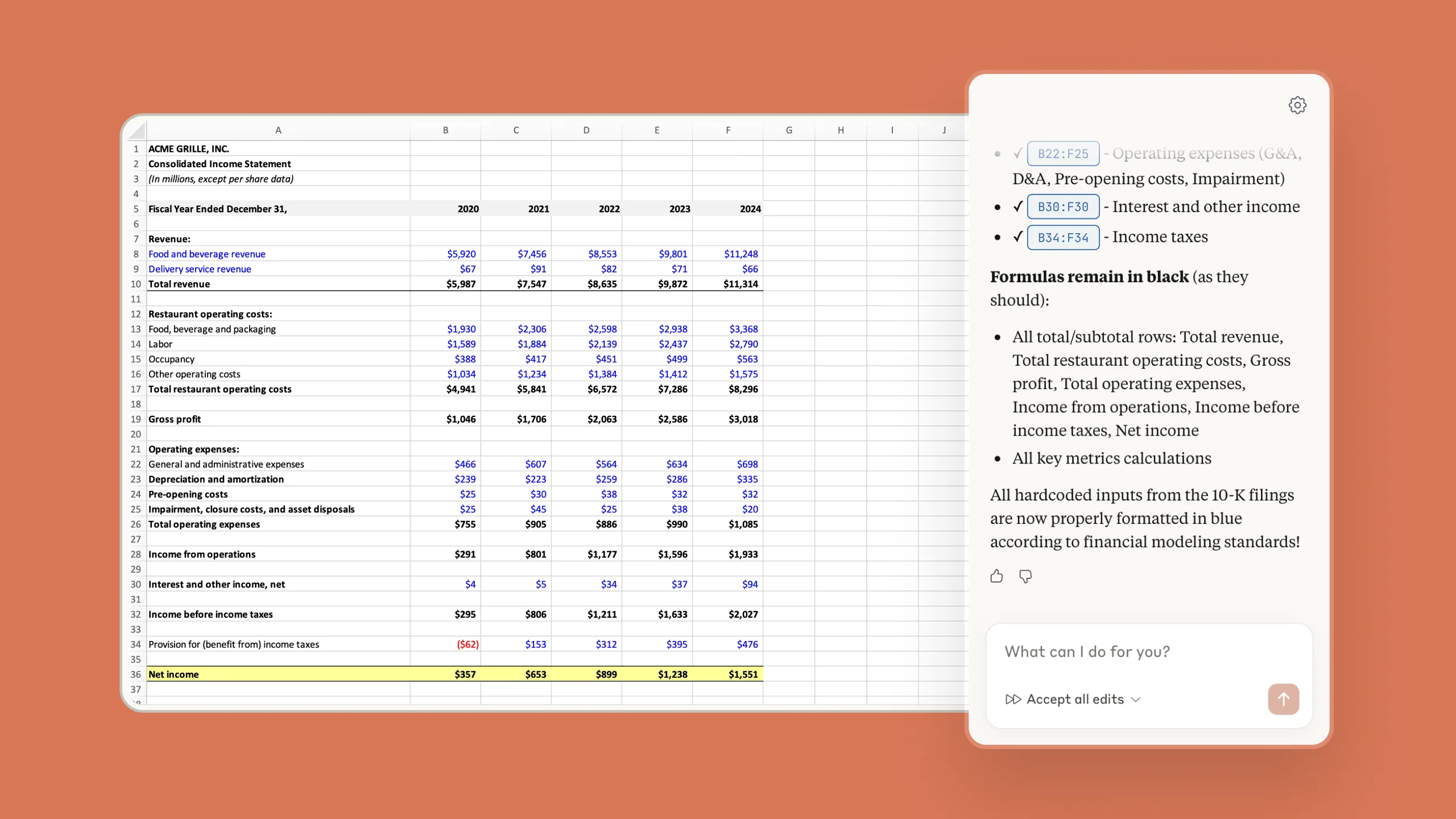 Anthropic's Claude for Excel sidebar reviewing a cleaned up financial spreadsheet with its edits listed