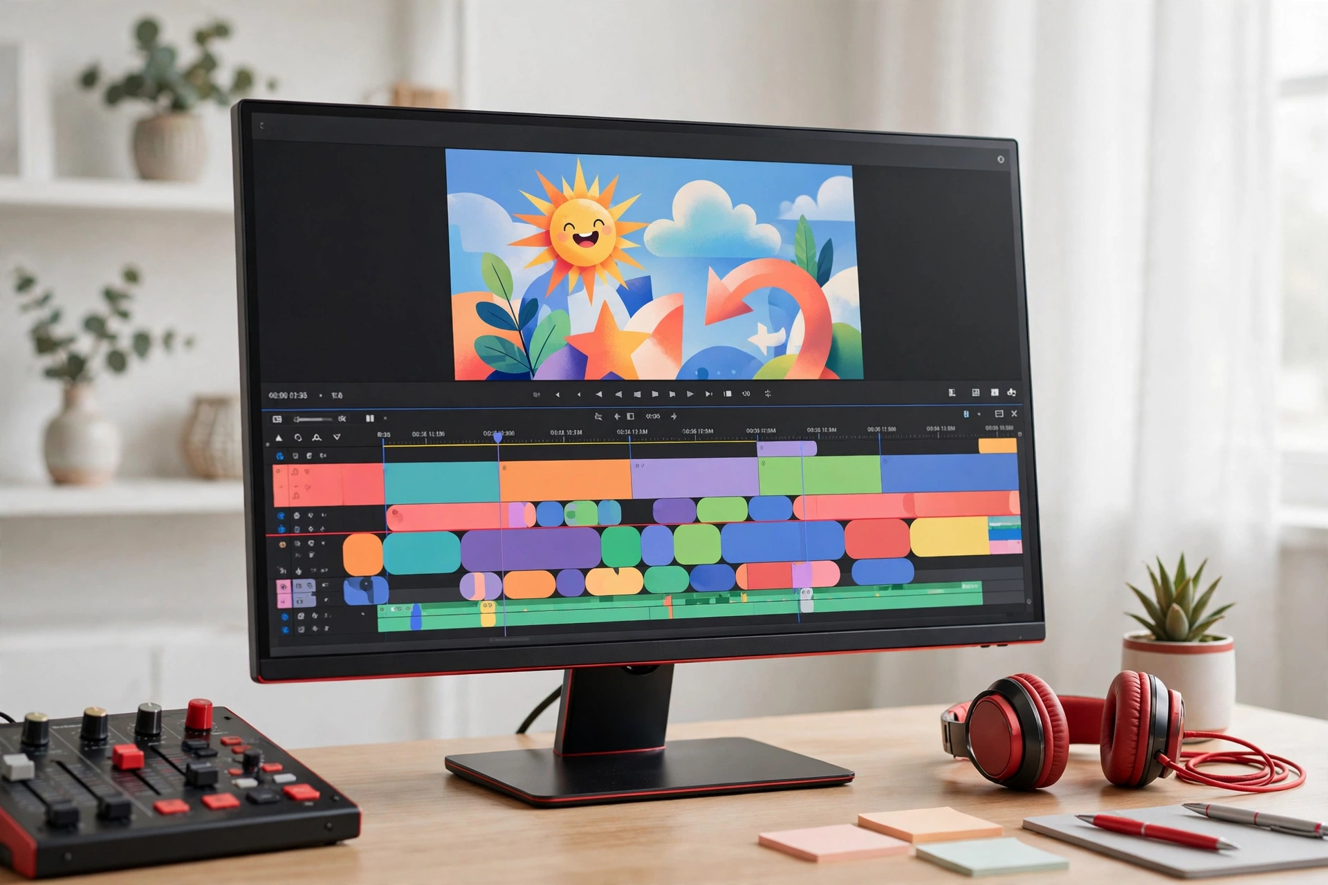 Bright timeline graphic showing an animated explainer moving from Claude into Adobe Firefly Video Editor for final polish