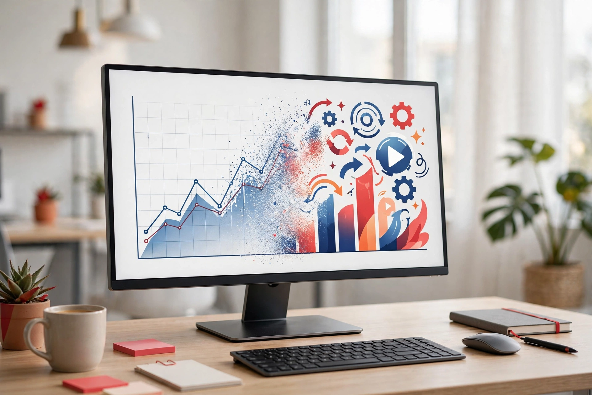 Bright clean workspace showing a live chart transforming into an animated explainer on screen, red accent details, light editorial style