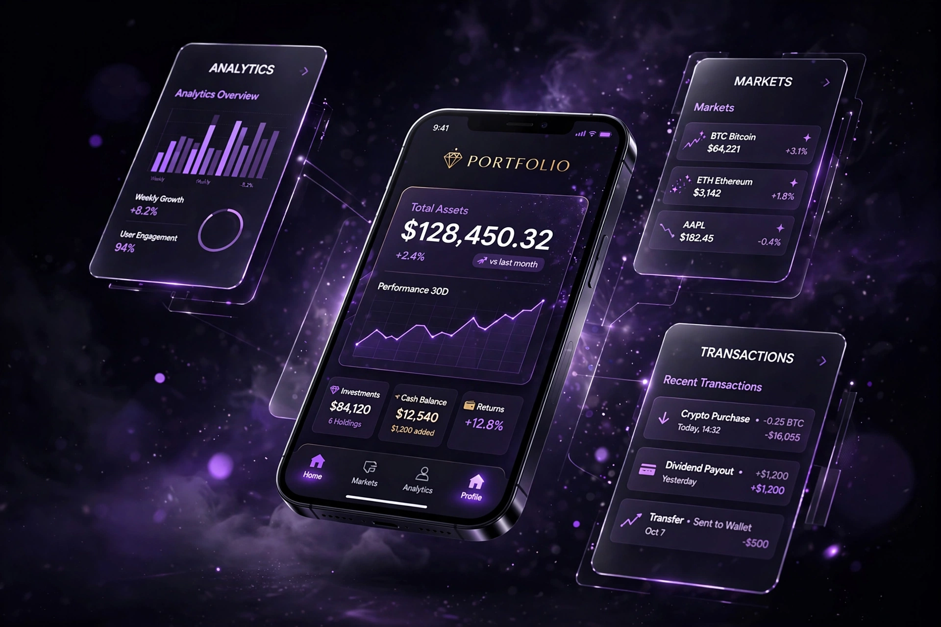 Premium mobile app interface designs with dark luxury styling