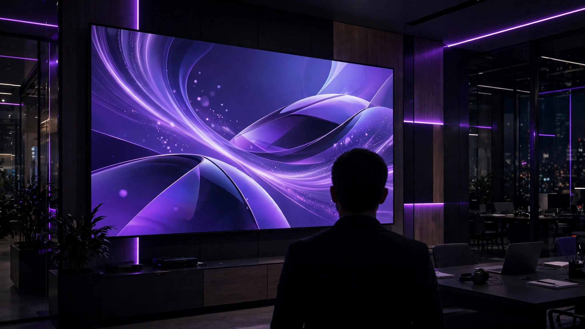 Brand video playing on large screen in dark modern office