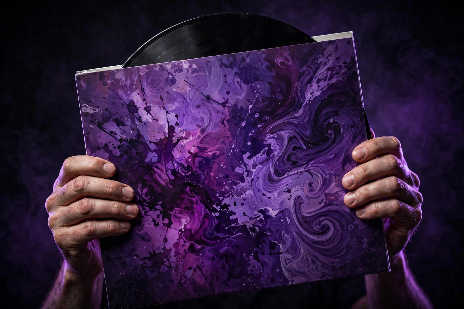 Hands holding a vinyl record with purple cover art