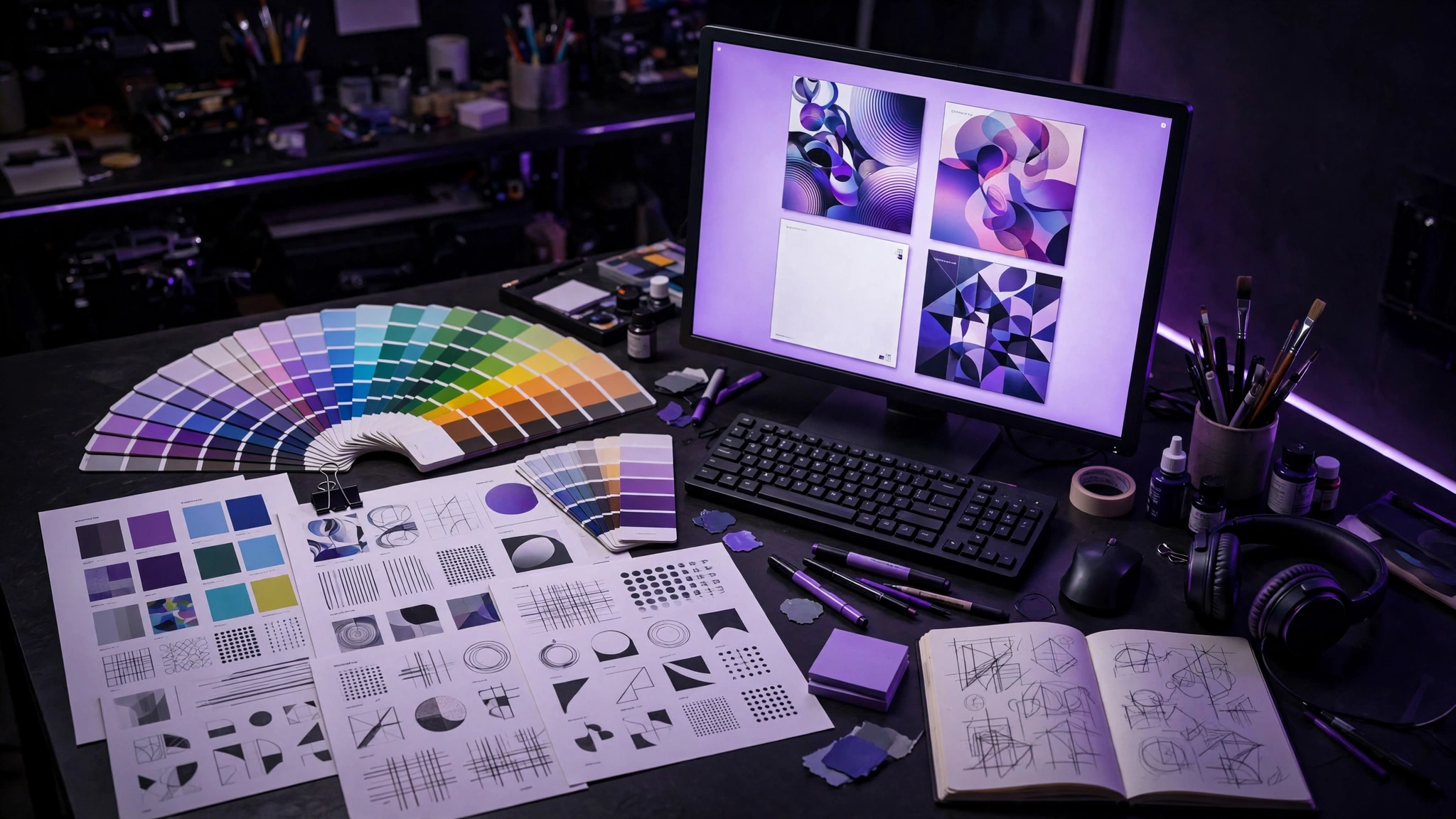 Designer workspace with color palettes and cover drafts