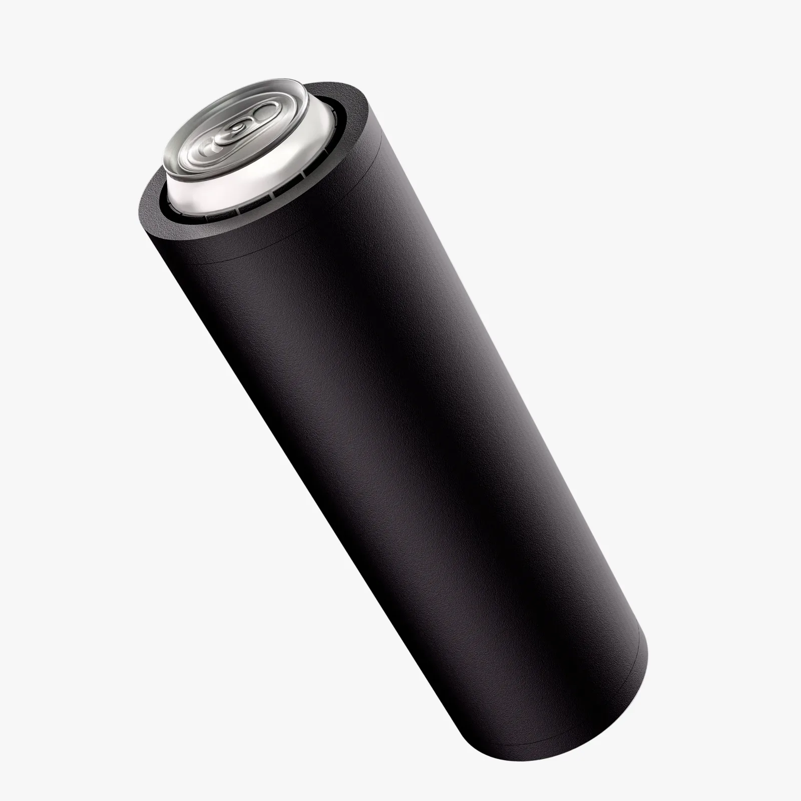 A black Cruise Cup tactical reload can holder with a silver drink can seated in the top, photographed on a white background