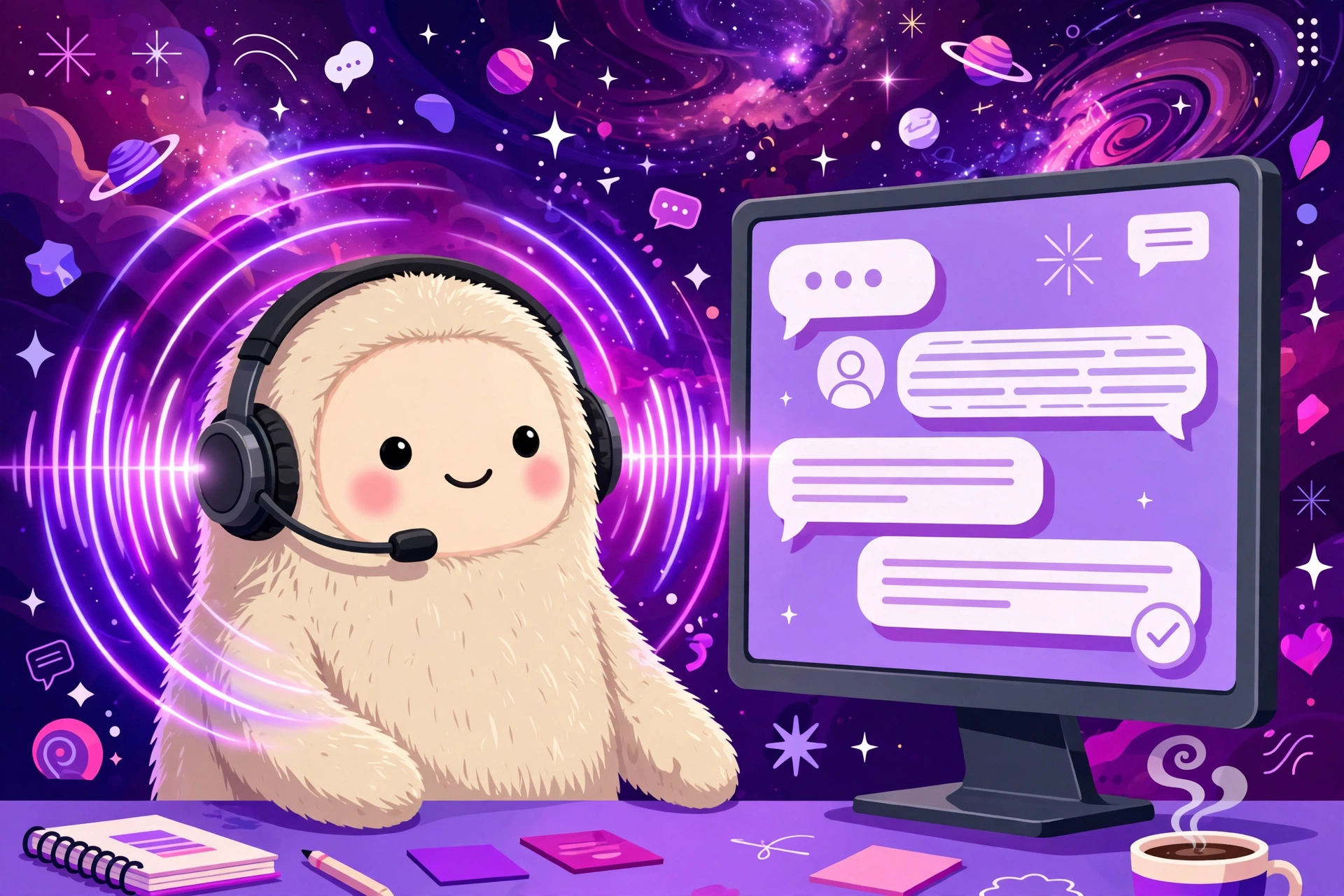Friendly AI voice assistant with a headset answering customer chat bubbles, glowing sound waves, purple and magenta accents