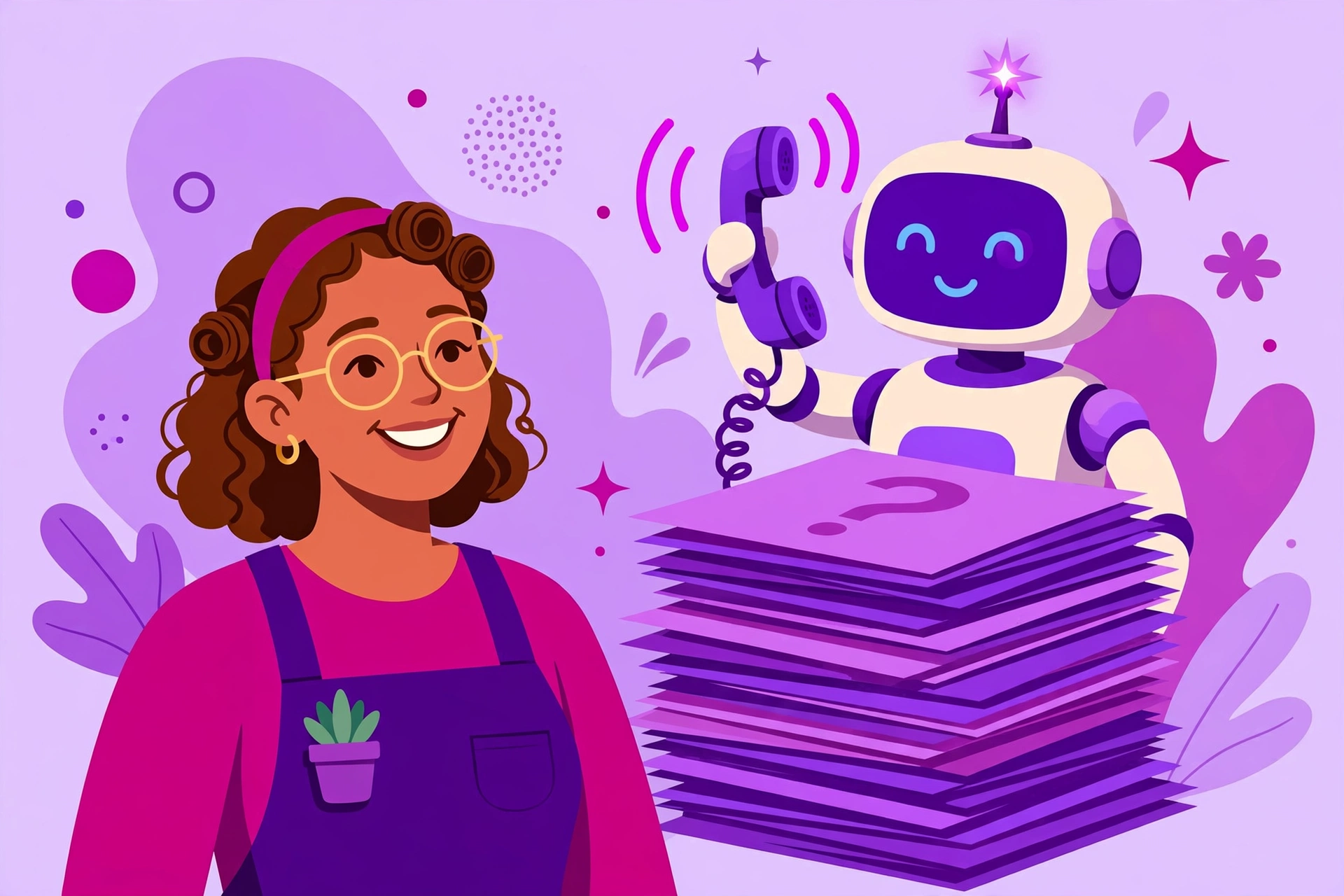Small business owner smiling while an AI assistant handles a ringing phone and a stack of customer questions behind her