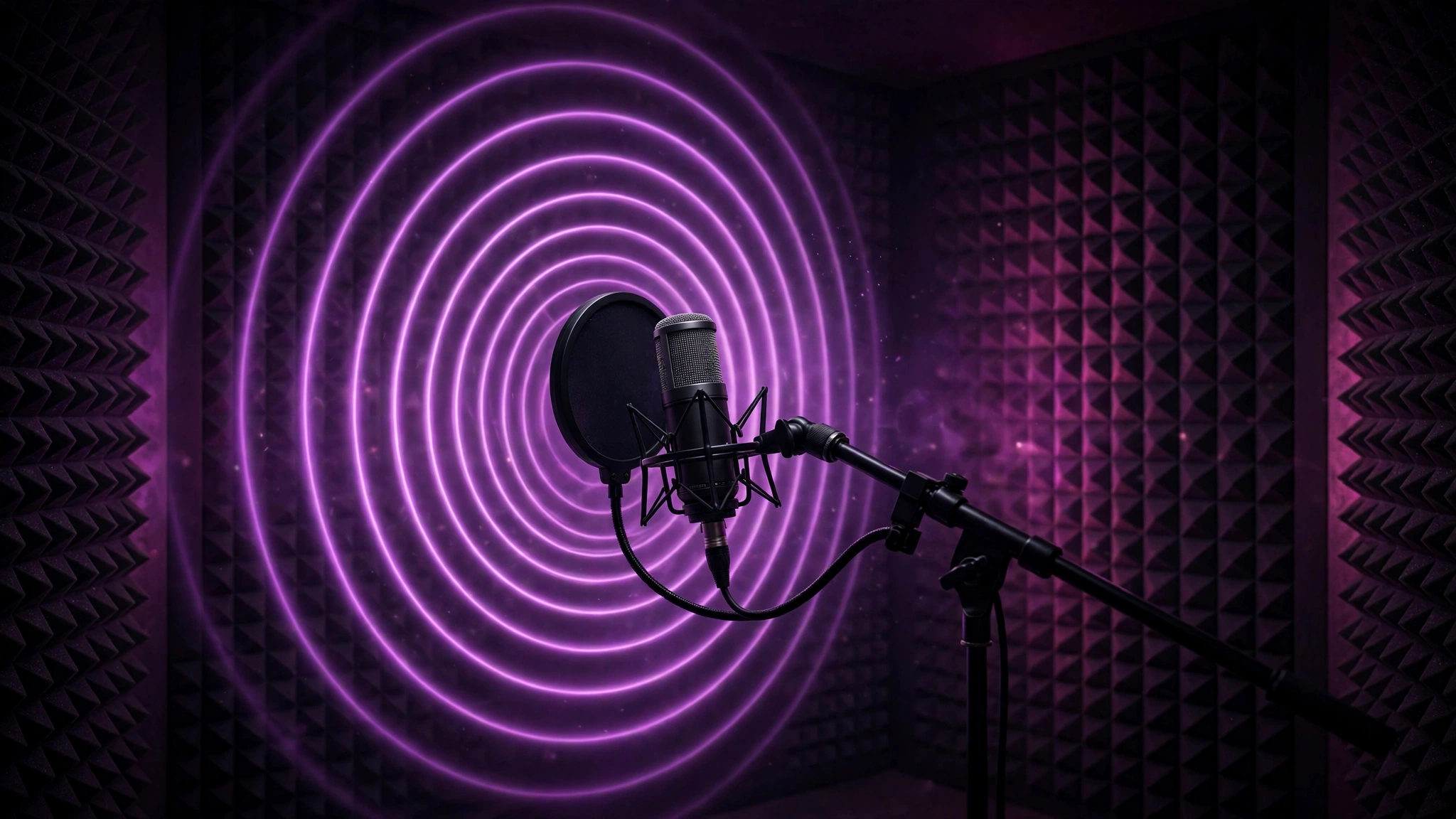 Studio microphone with purple sound waves in dark booth