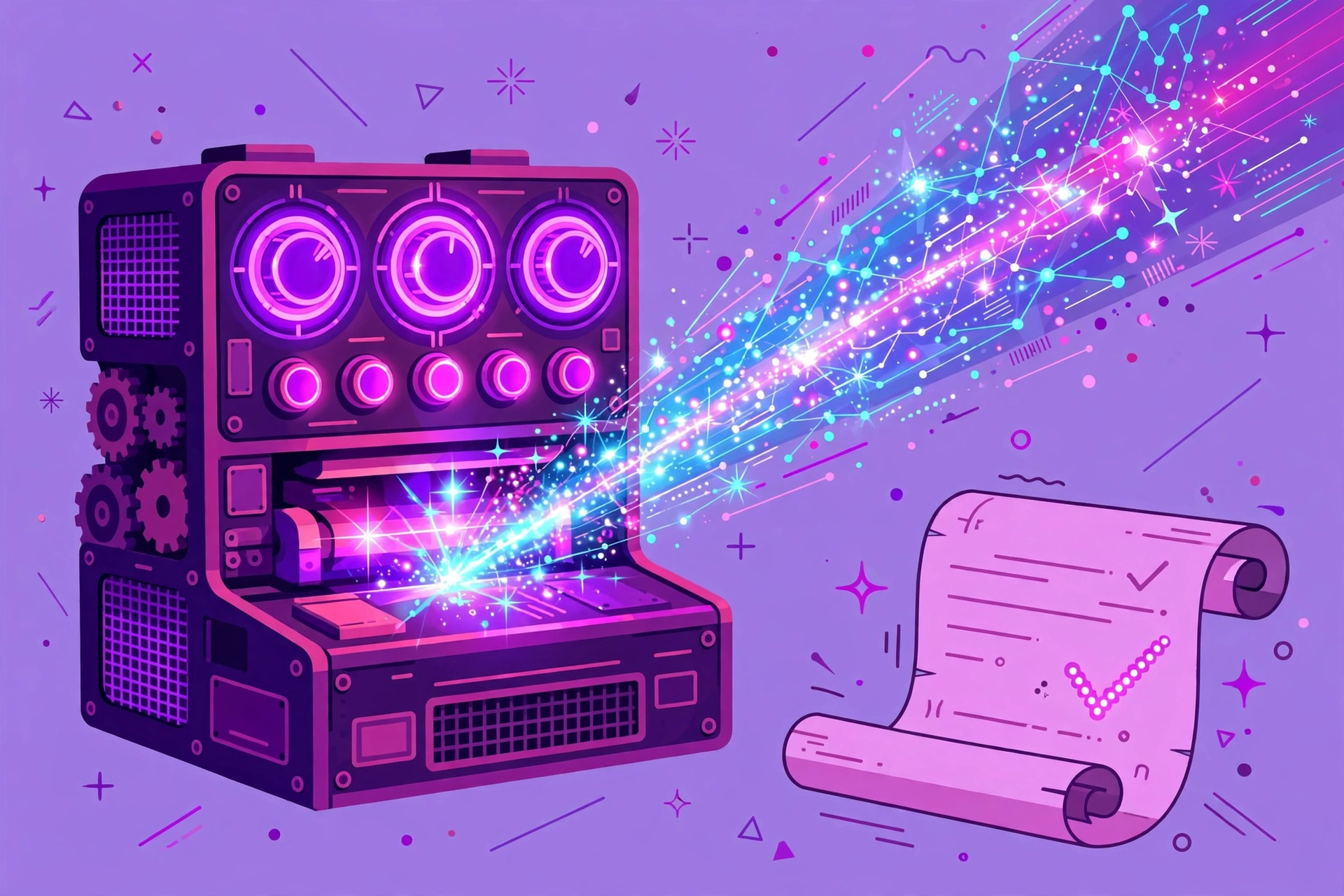 Vintage code breaking machine with glowing dials being solved by a modern AI light beam, purple and magenta accents