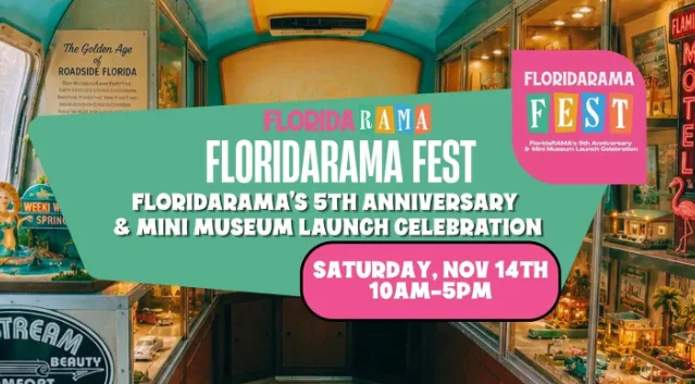 FloridaRAMA Fest poster for the fifth anniversary and Mini Museum launch celebration on Saturday, November 14, from 10 AM to 5 PM