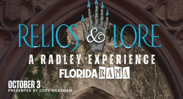 Relics and Lore key art showing a pale hand with blue nails over a Gothic arch at FloridaRAMA