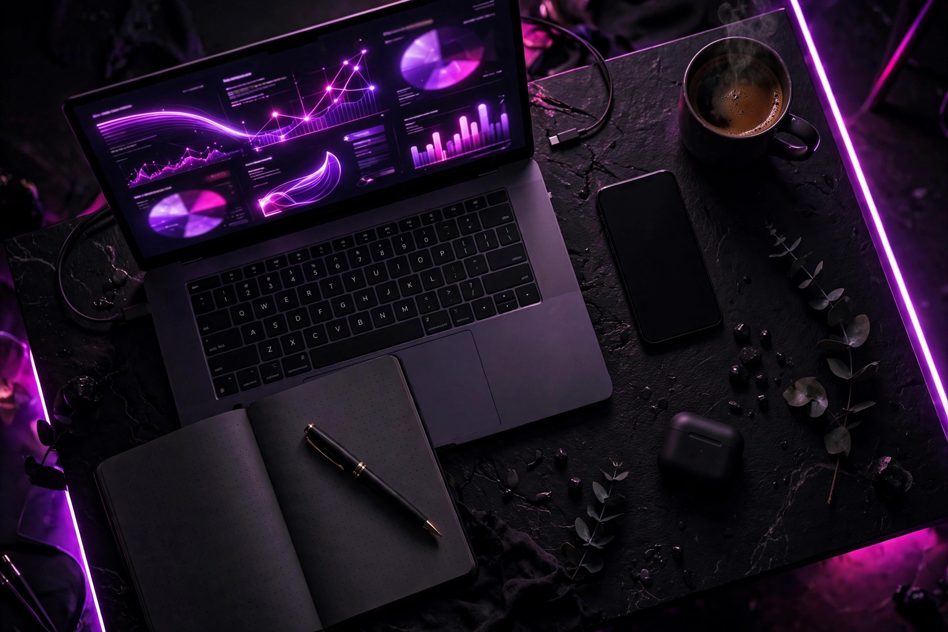 Founder workspace with laptop, dashboards, and notebook in purple ambient light