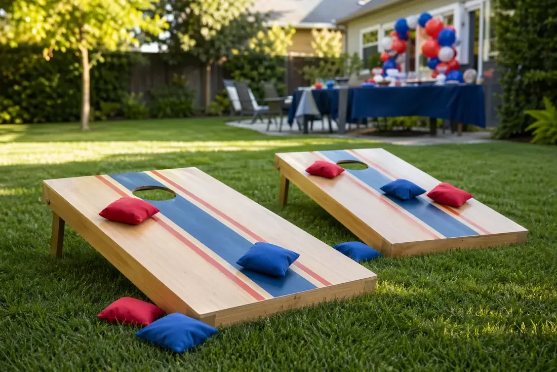 Two wooden cornhole boards with red and blue bean bags on a green backyard lawn, with a party table and balloons behind them