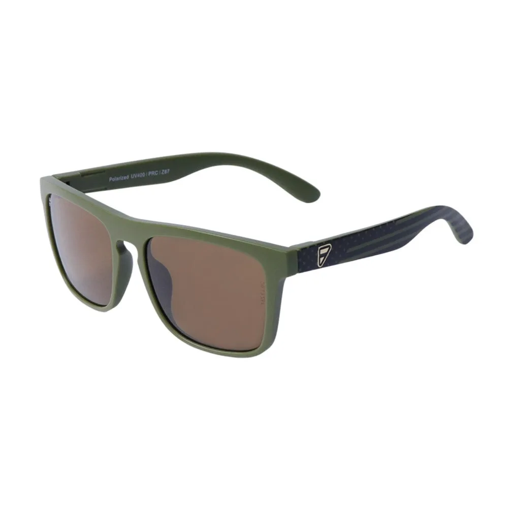Frontline Optics Pomona sunglasses in olive green with polarized brown lenses on a white background