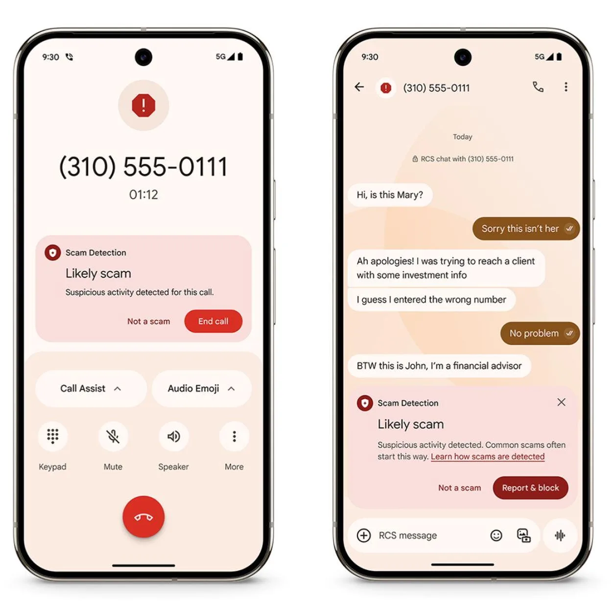Two Google Pixel phones showing Scam Detection warnings, one on a call screen and one inside a text conversation that began with a wrong number message