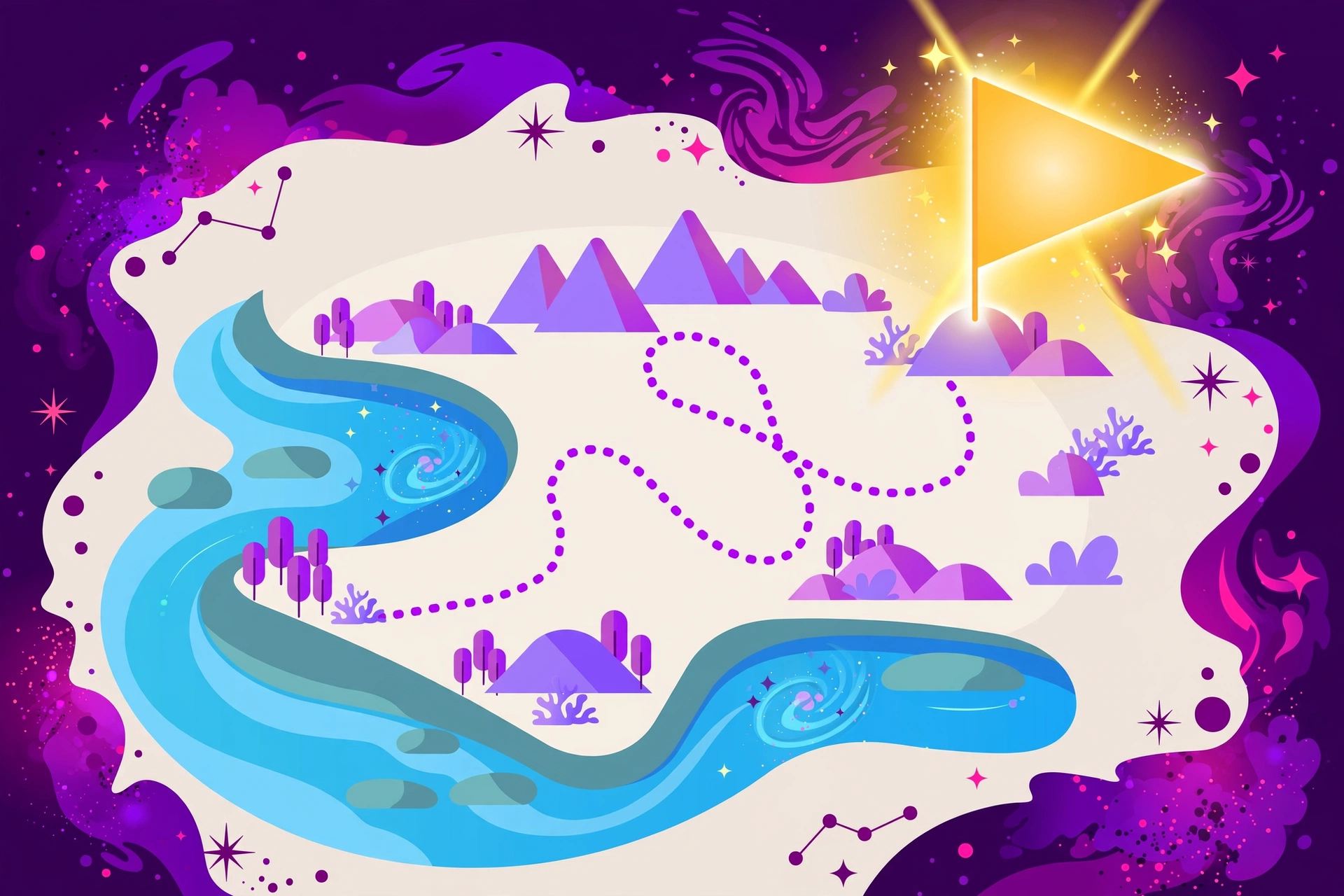Treasure map with a glowing destination flag and an open dotted path instead of step by step footprints