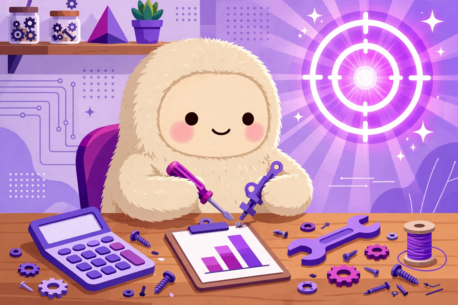 AI assistant building its own small tools, a calculator, a chart, and a wrench, on a workbench facing a glowing goal target