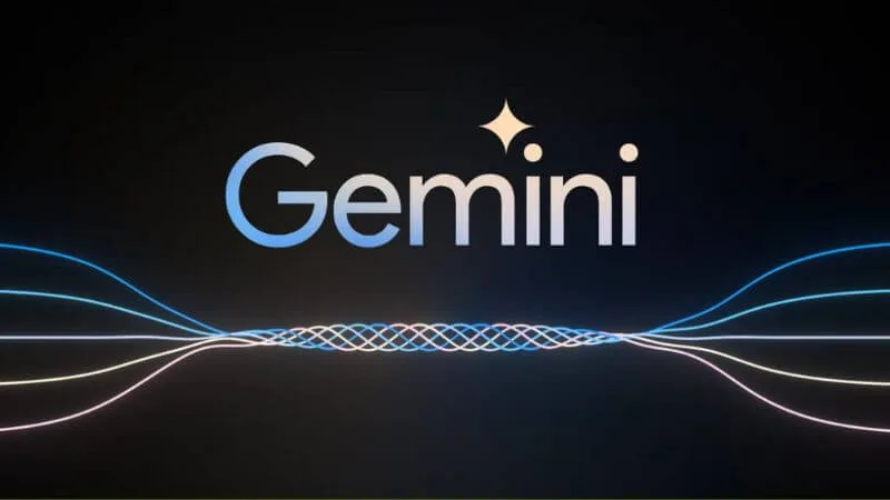 The Google Gemini wordmark in blue and white on a black background with flowing lines beneath it