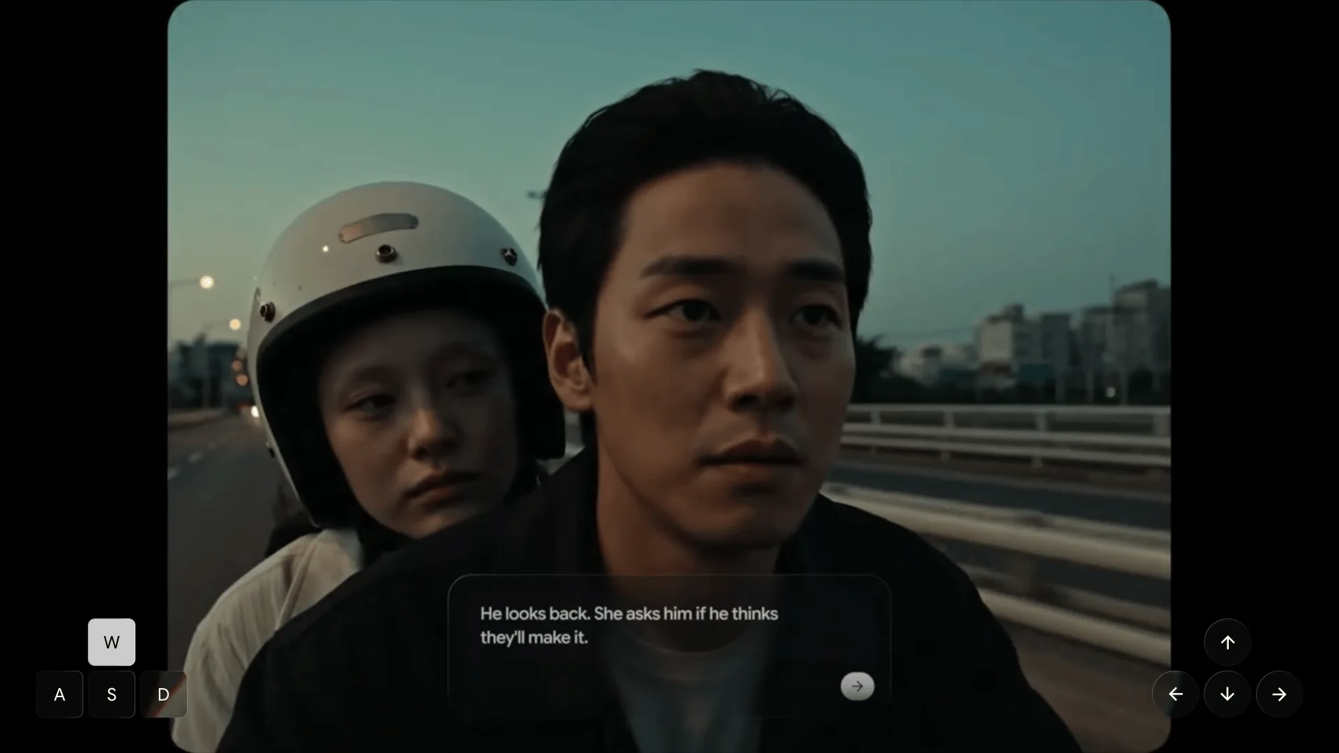 Two characters on a motorcycle inside a Genie 4 generated world, with a conversation caption and keyboard controls on screen