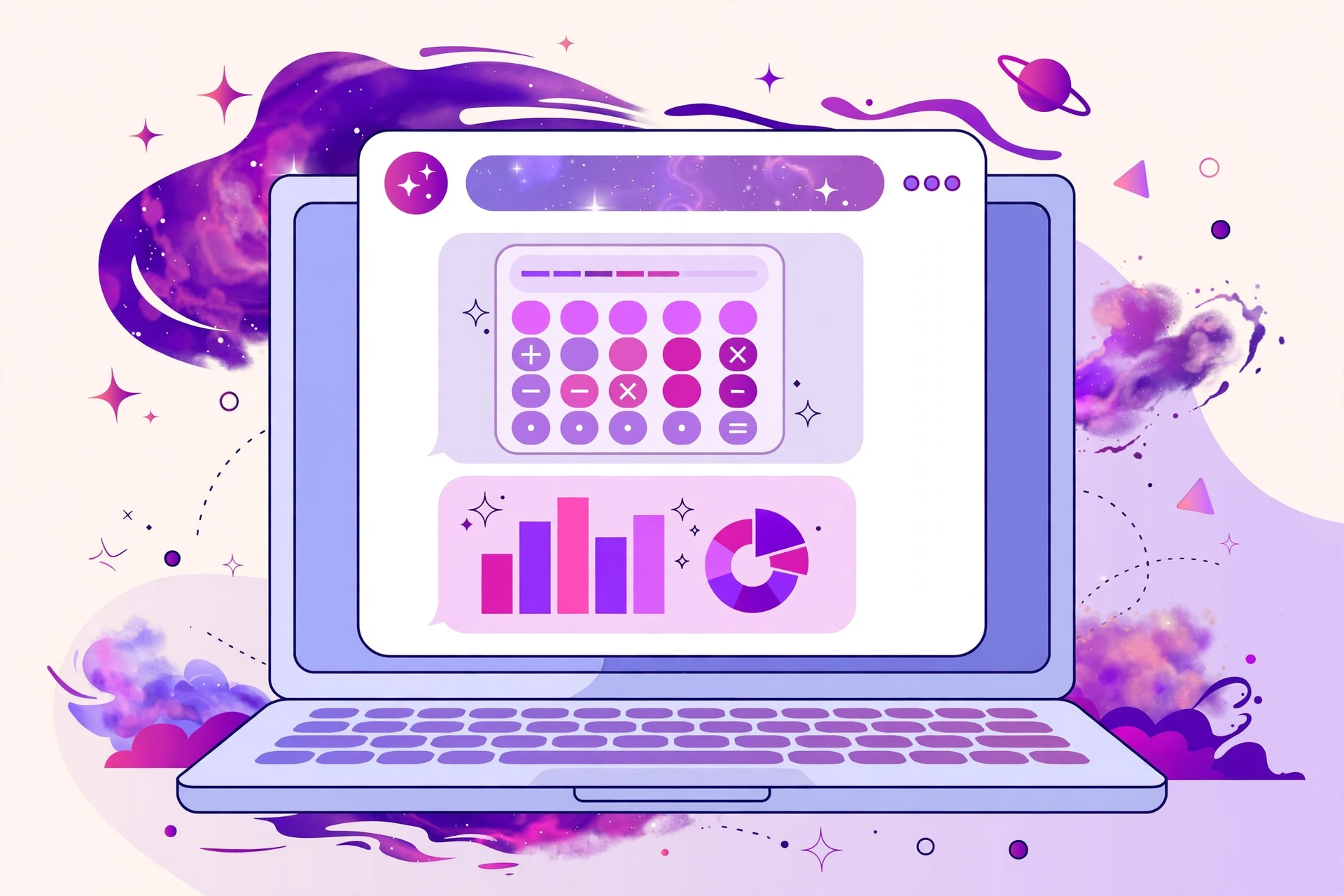 Bright chat window showing an interactive calculator and chart app generated inside a conversation, purple galaxy accents, clean readable design