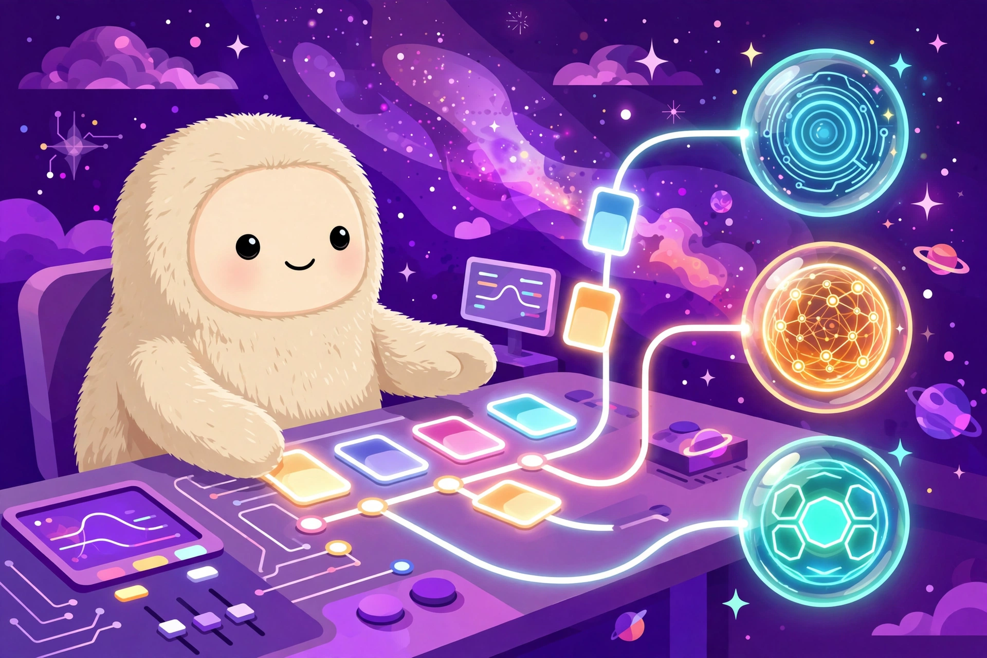 AI robot assistant at a control desk routing glowing task cards to three different AI model orbs, purple and magenta accents