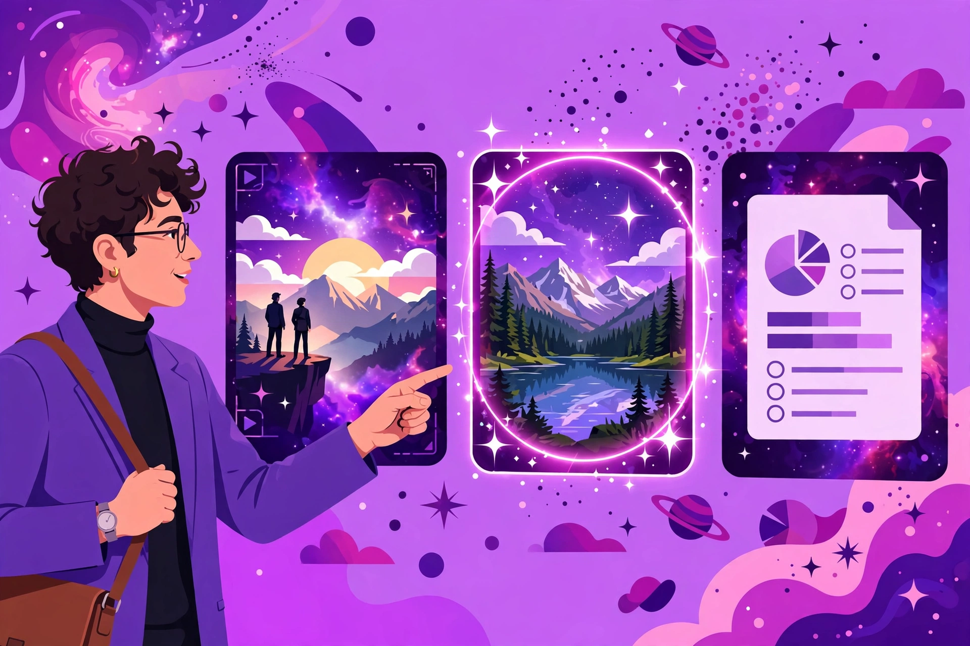 Creative director pointing at three glowing screens showing a film scene, an image, and a document, choosing the best one